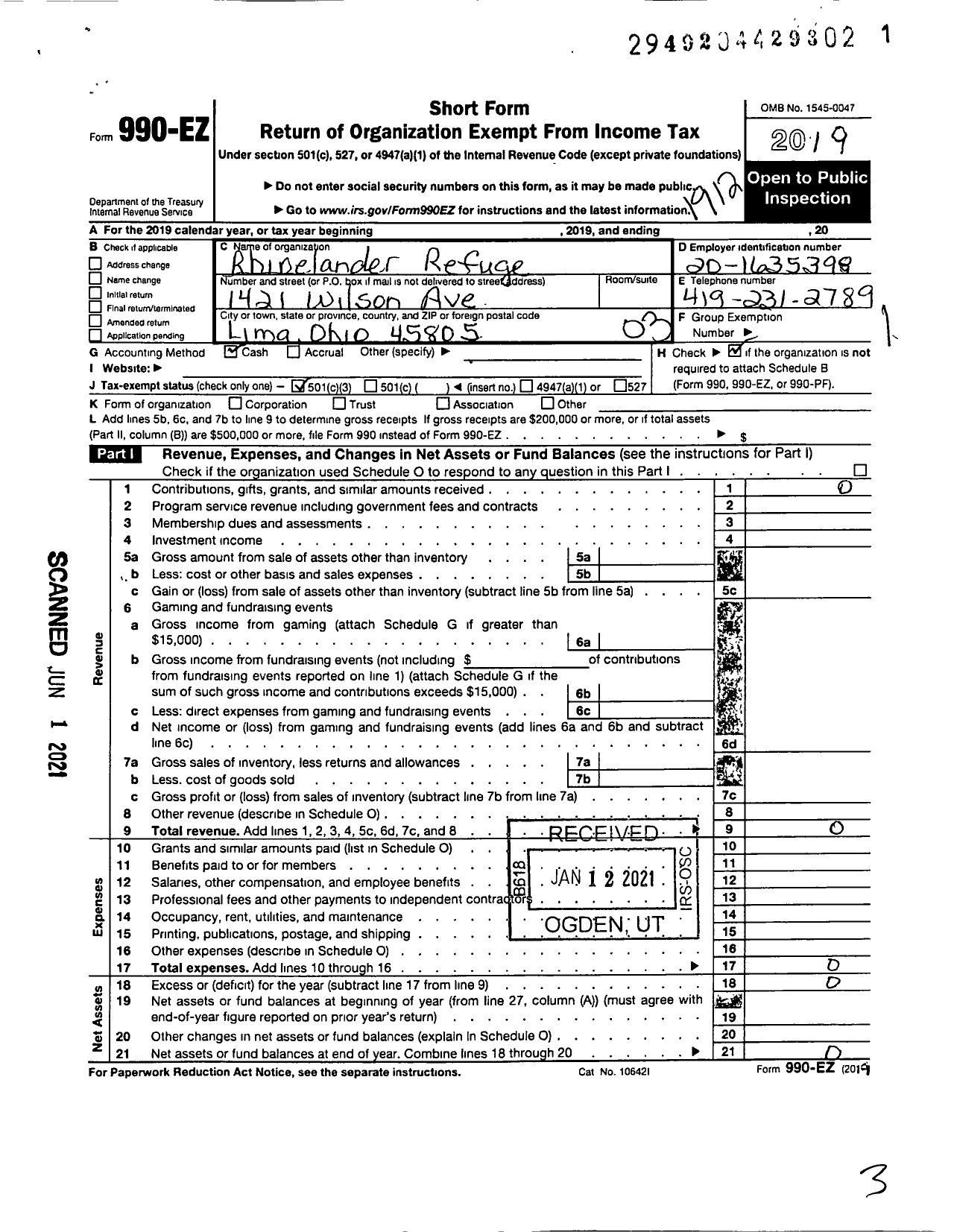 Image of first page of 2019 Form 990EZ for Rhinelander Refuge