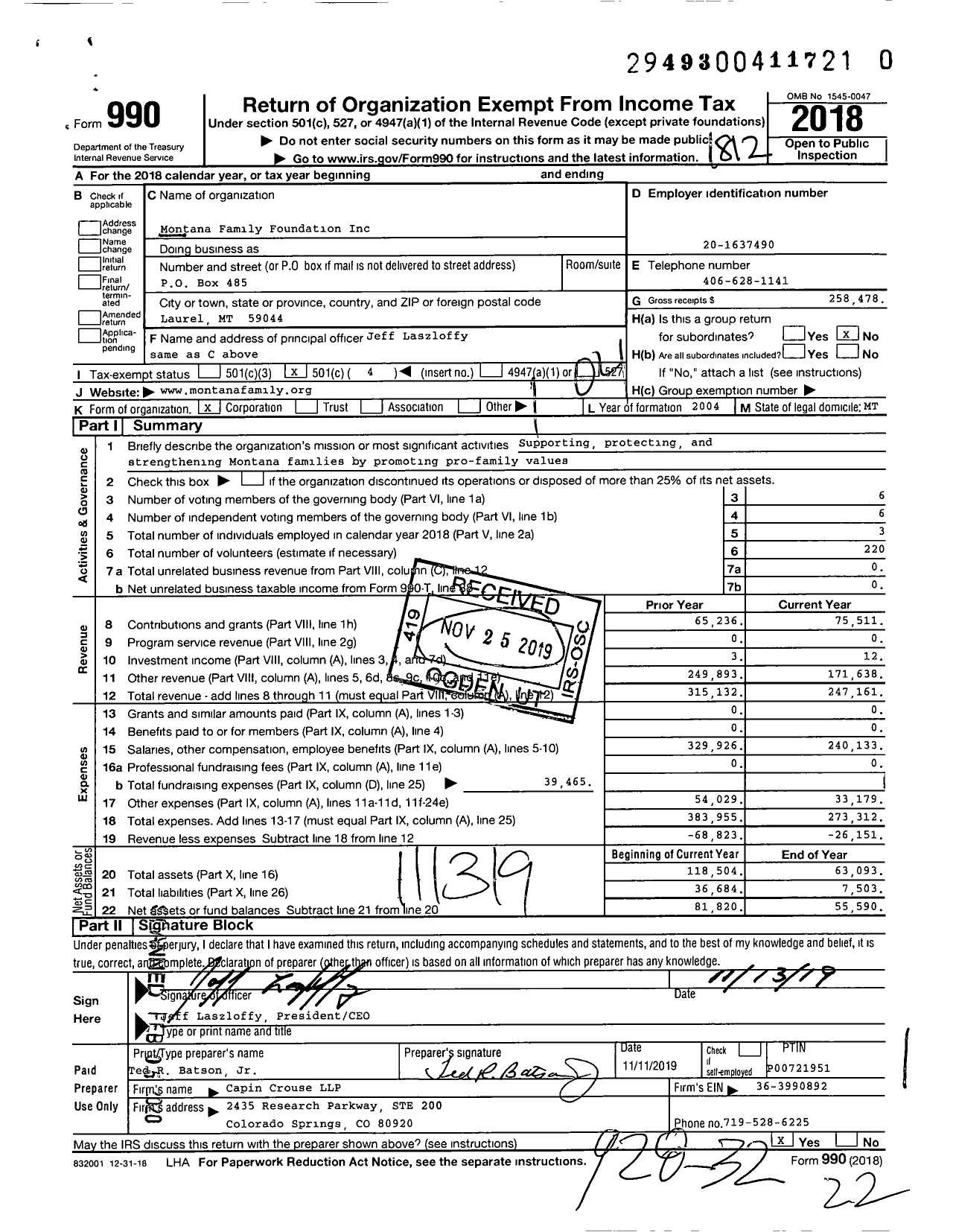 Image of first page of 2018 Form 990O for Montana Family Foundation