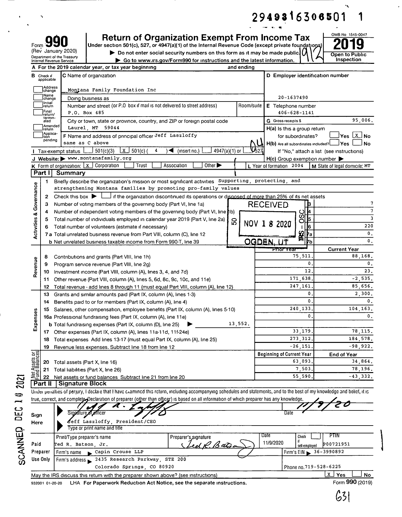 Image of first page of 2019 Form 990O for Montana Family Foundation