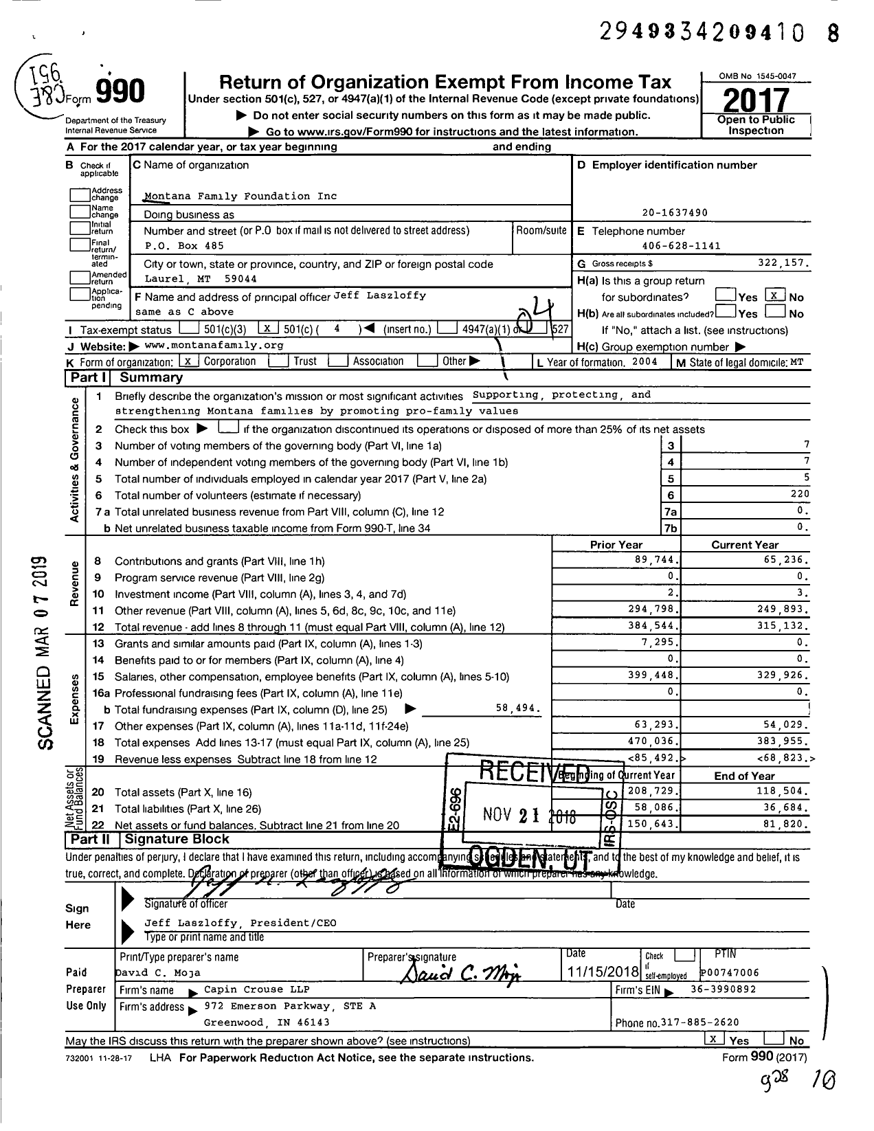 Image of first page of 2017 Form 990O for Montana Family Foundation