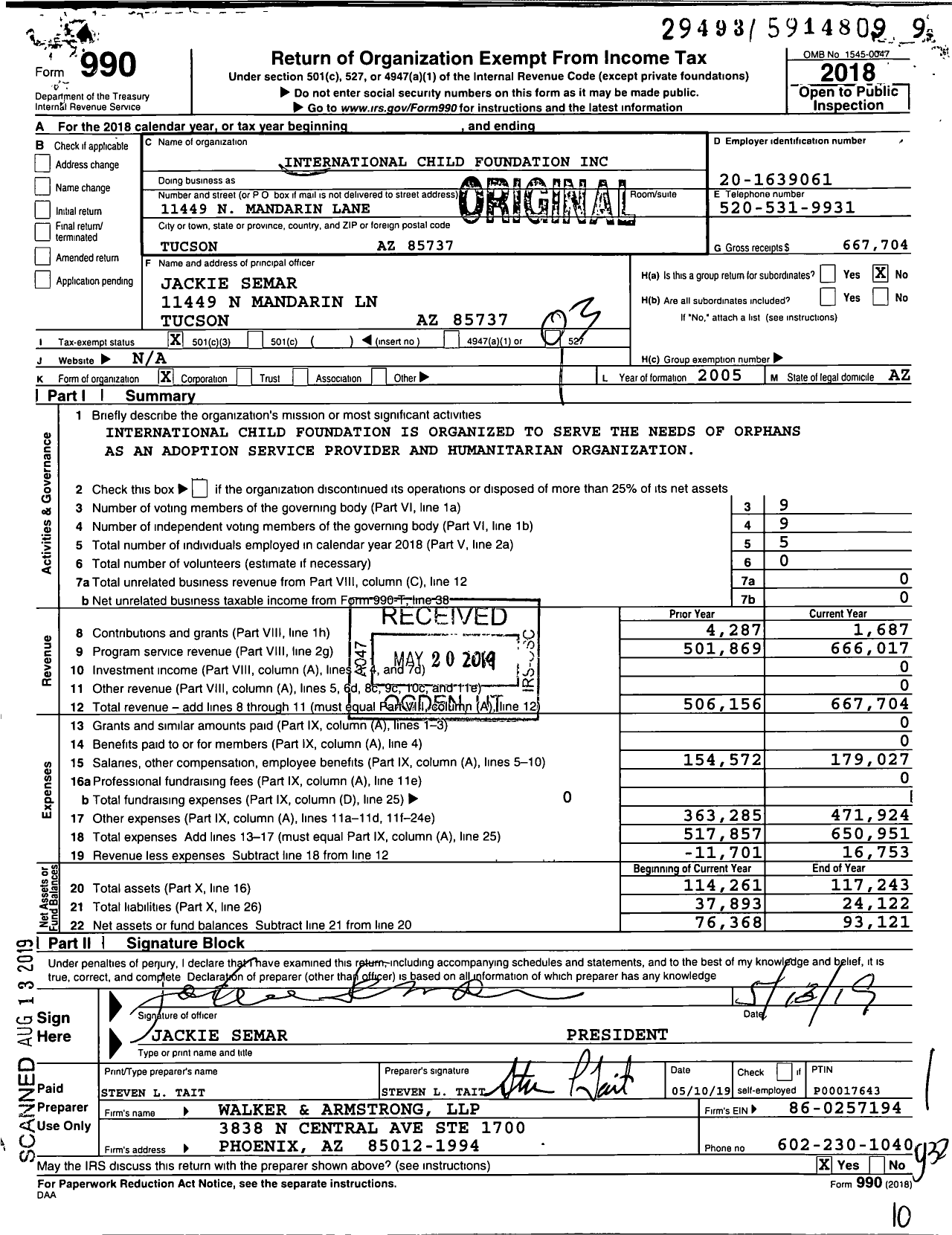 Image of first page of 2018 Form 990 for International Child Foundation