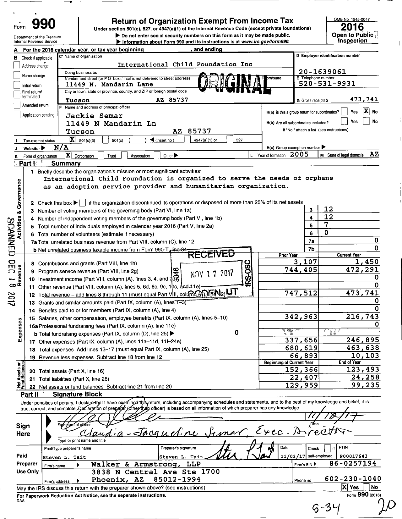 Image of first page of 2016 Form 990 for International Child Foundation