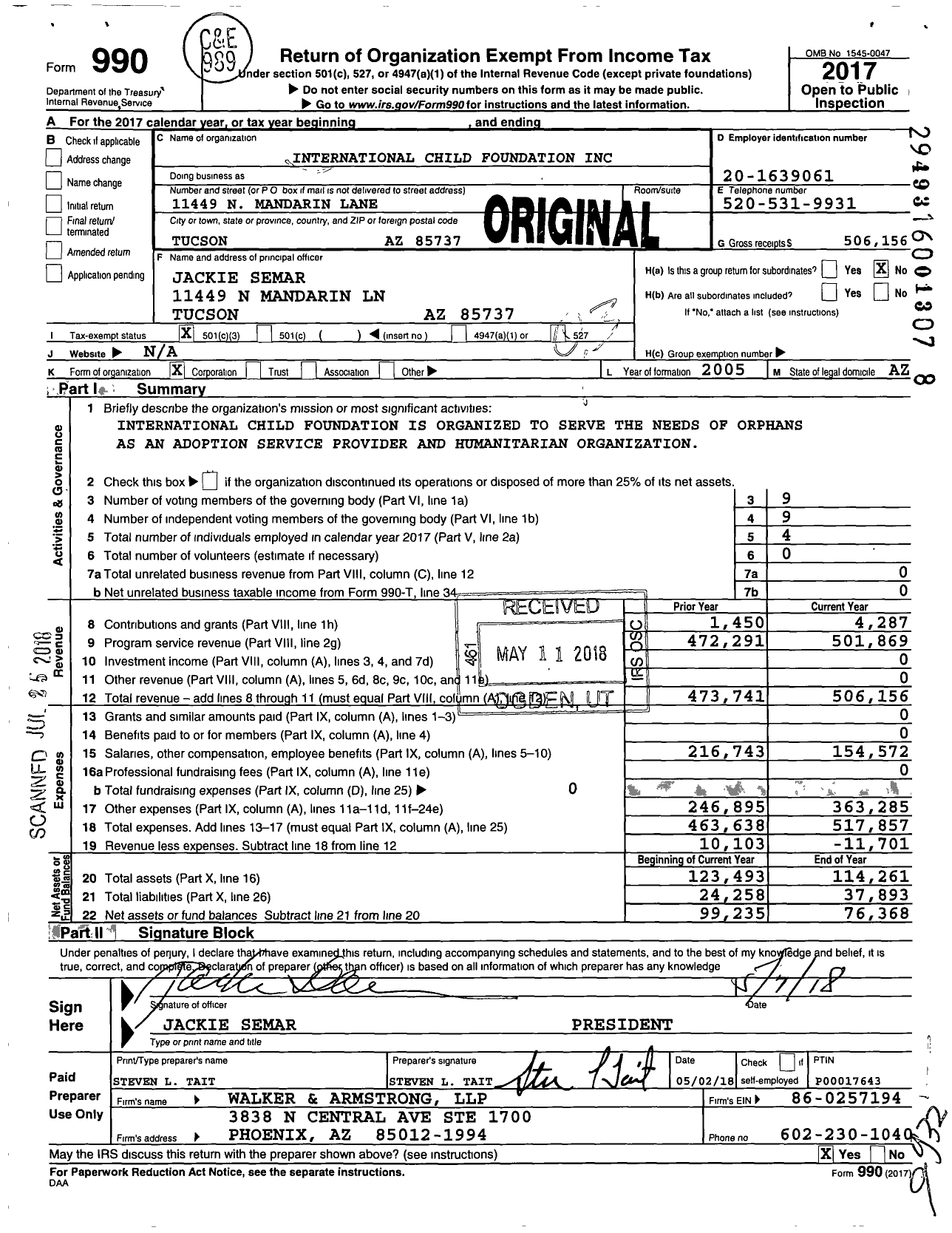 Image of first page of 2017 Form 990 for International Child Foundation