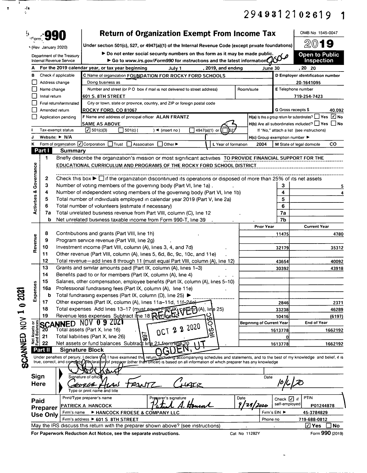 Image of first page of 2019 Form 990 for Foundation for Rocky Ford Schools