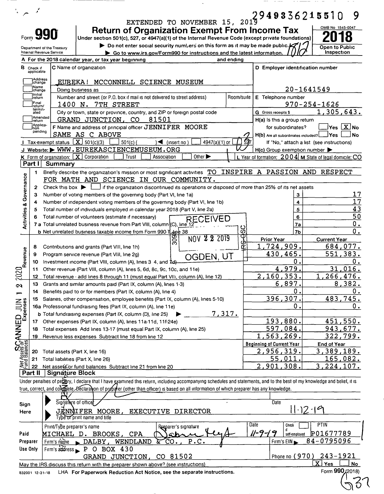 Image of first page of 2018 Form 990 for Eureka McConnell Science Museum