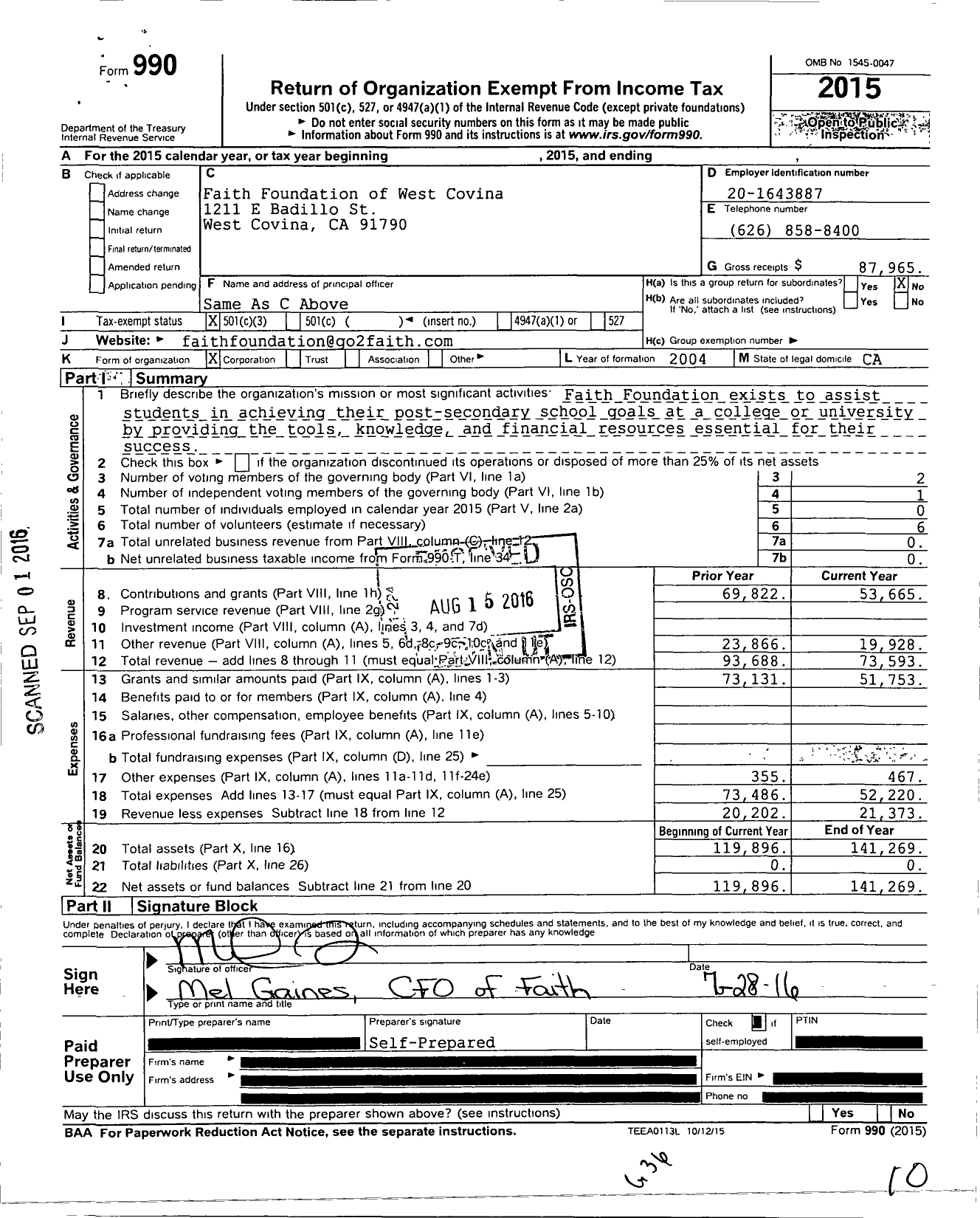 Image of first page of 2015 Form 990 for Faith Foundation of West Covina
