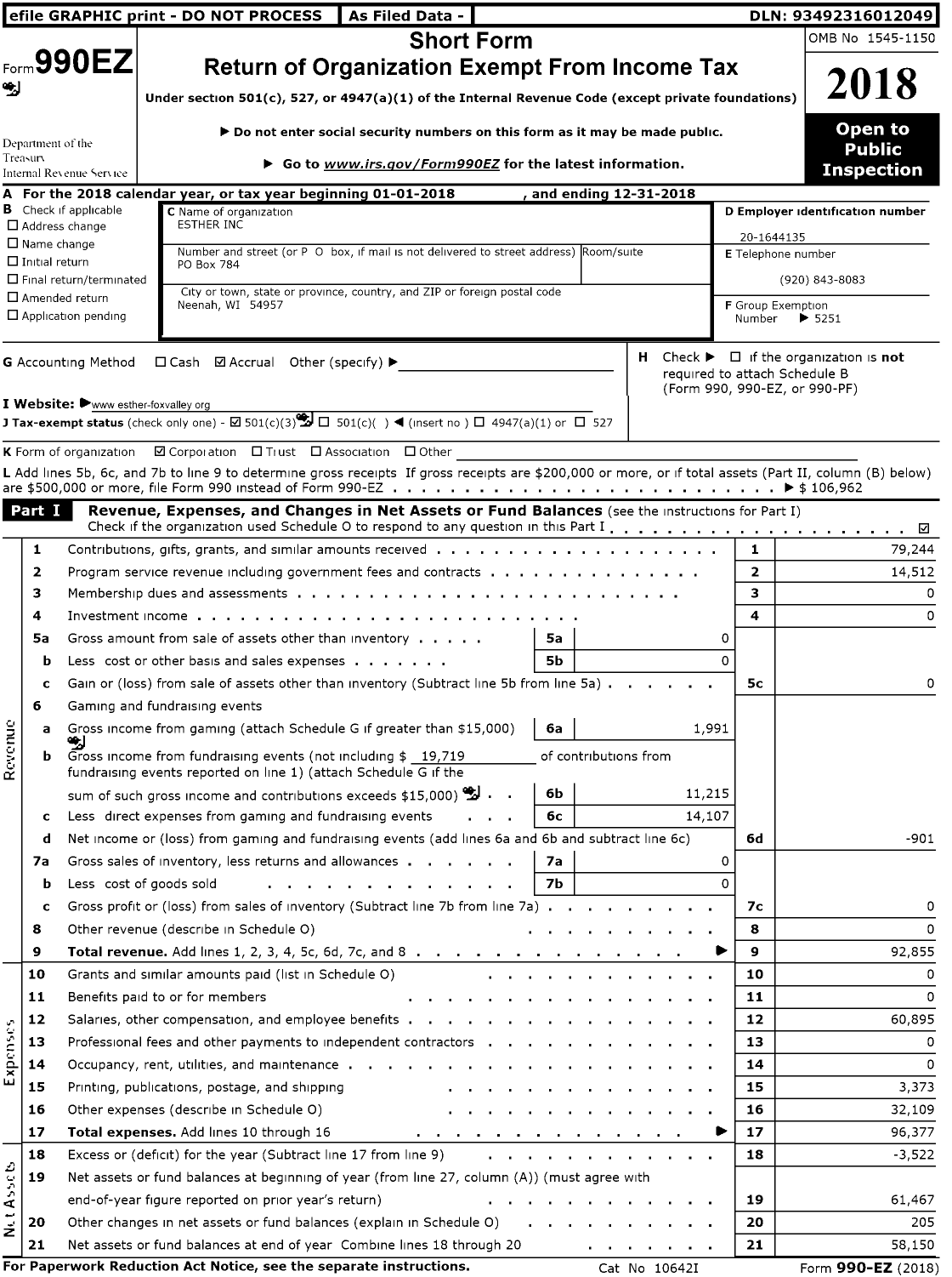 Image of first page of 2018 Form 990EZ for Esther