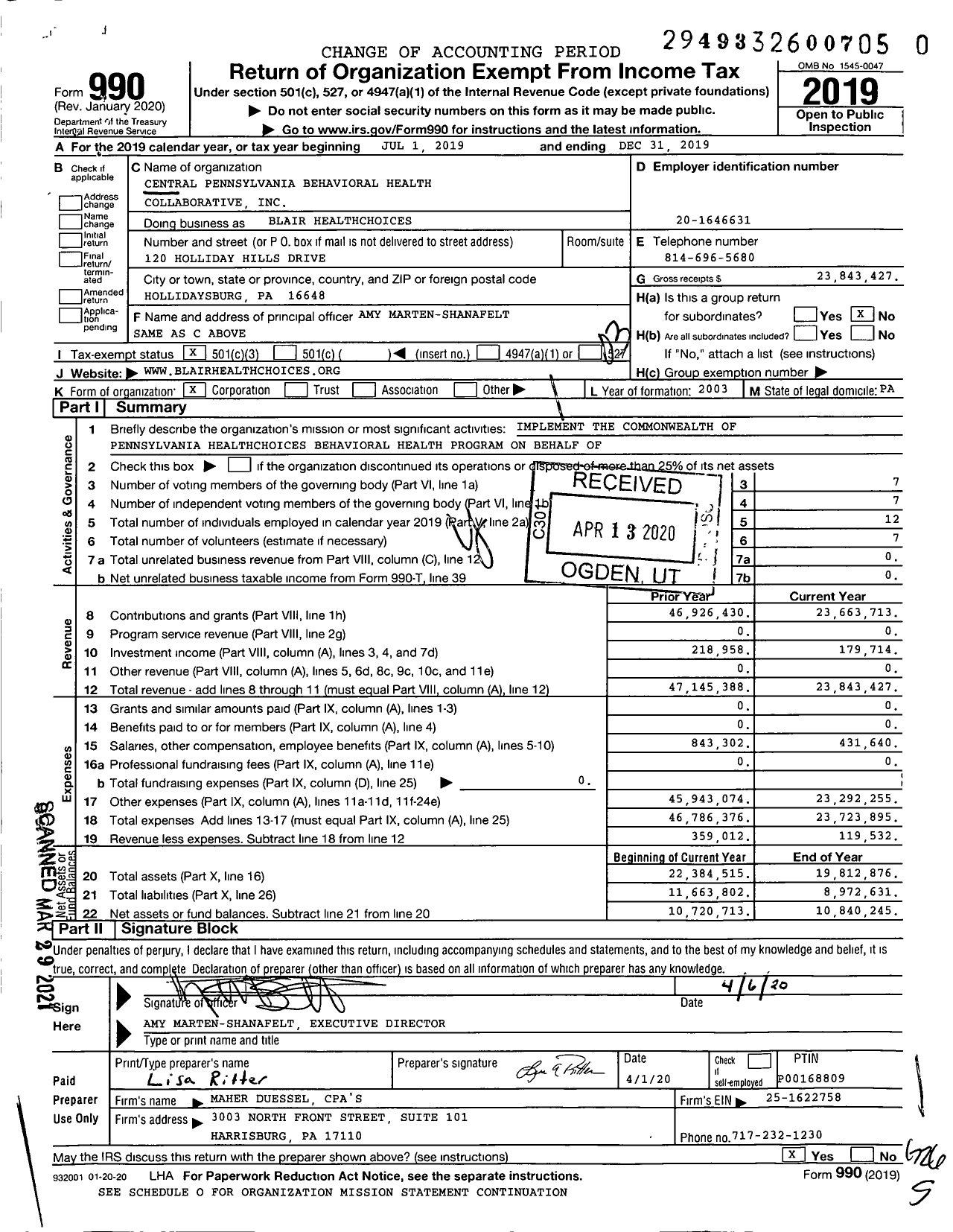 Image of first page of 2019 Form 990 for Blair Healthchoices