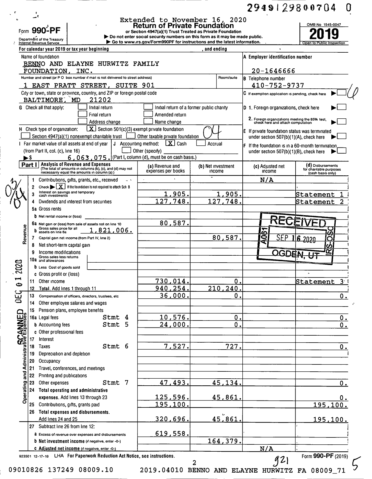 Image of first page of 2019 Form 990PF for Benno and Elayne Hurwitz Family Foundation