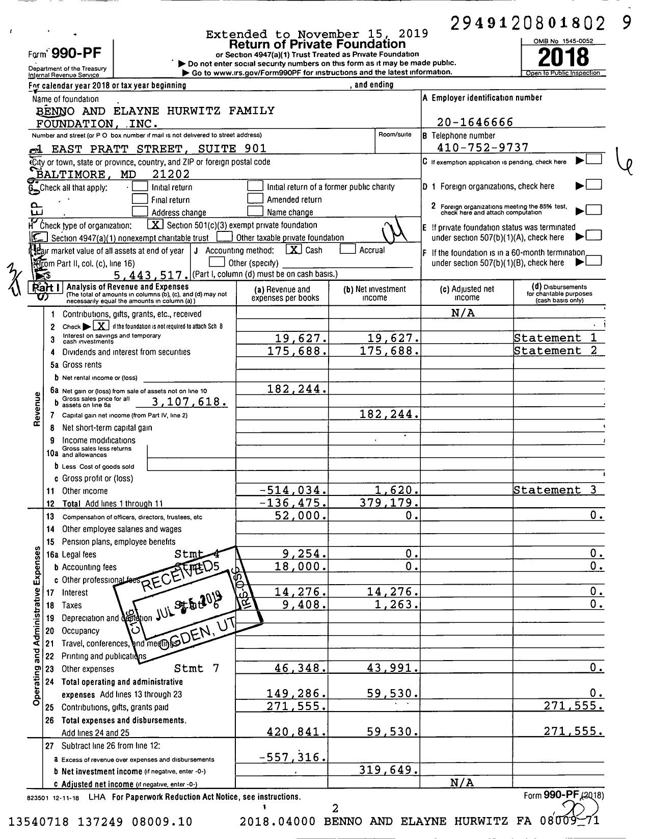 Image of first page of 2018 Form 990PF for Benno and Elayne Hurwitz Family Foundation