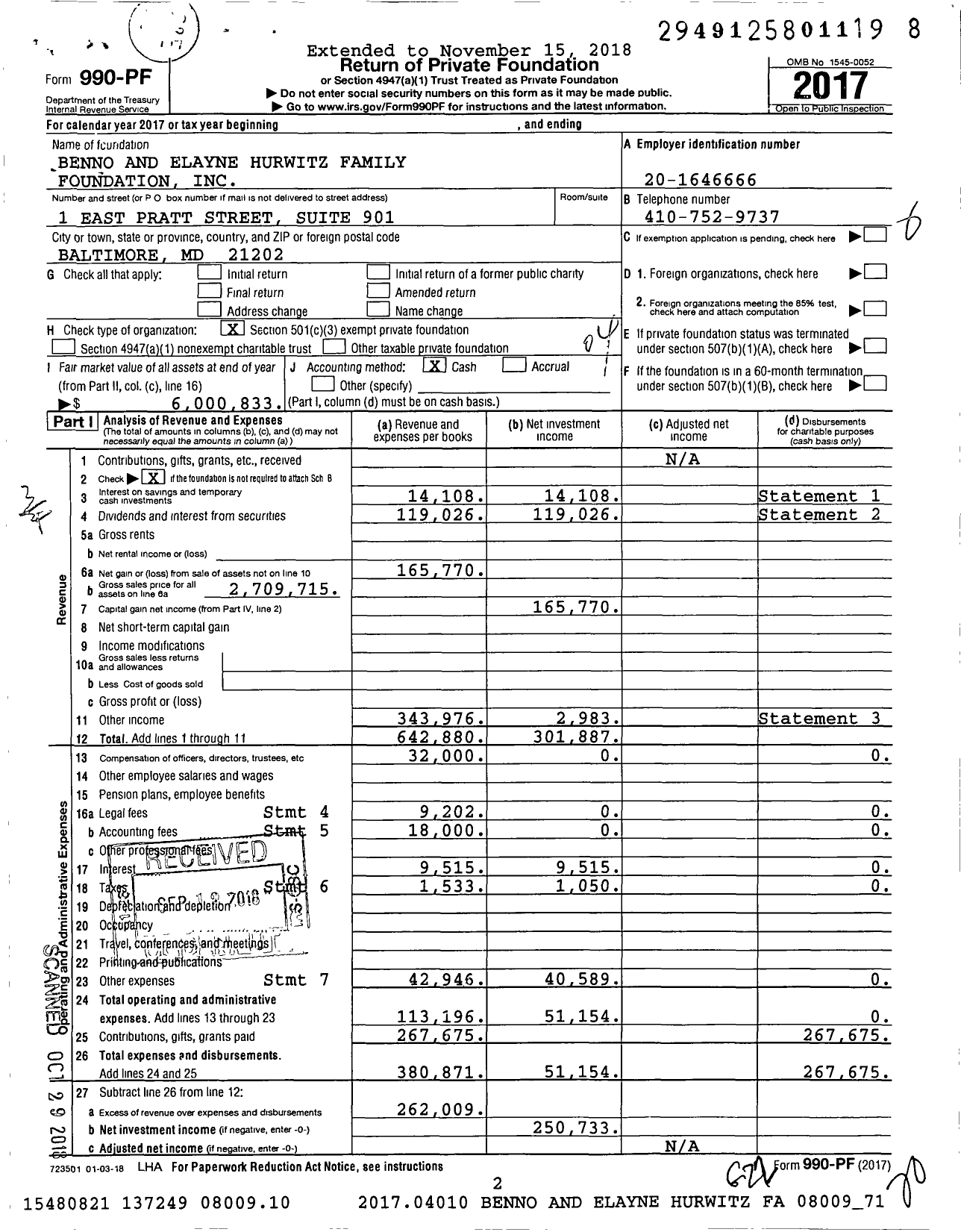 Image of first page of 2017 Form 990PF for Benno and Elayne Hurwitz Family Foundation