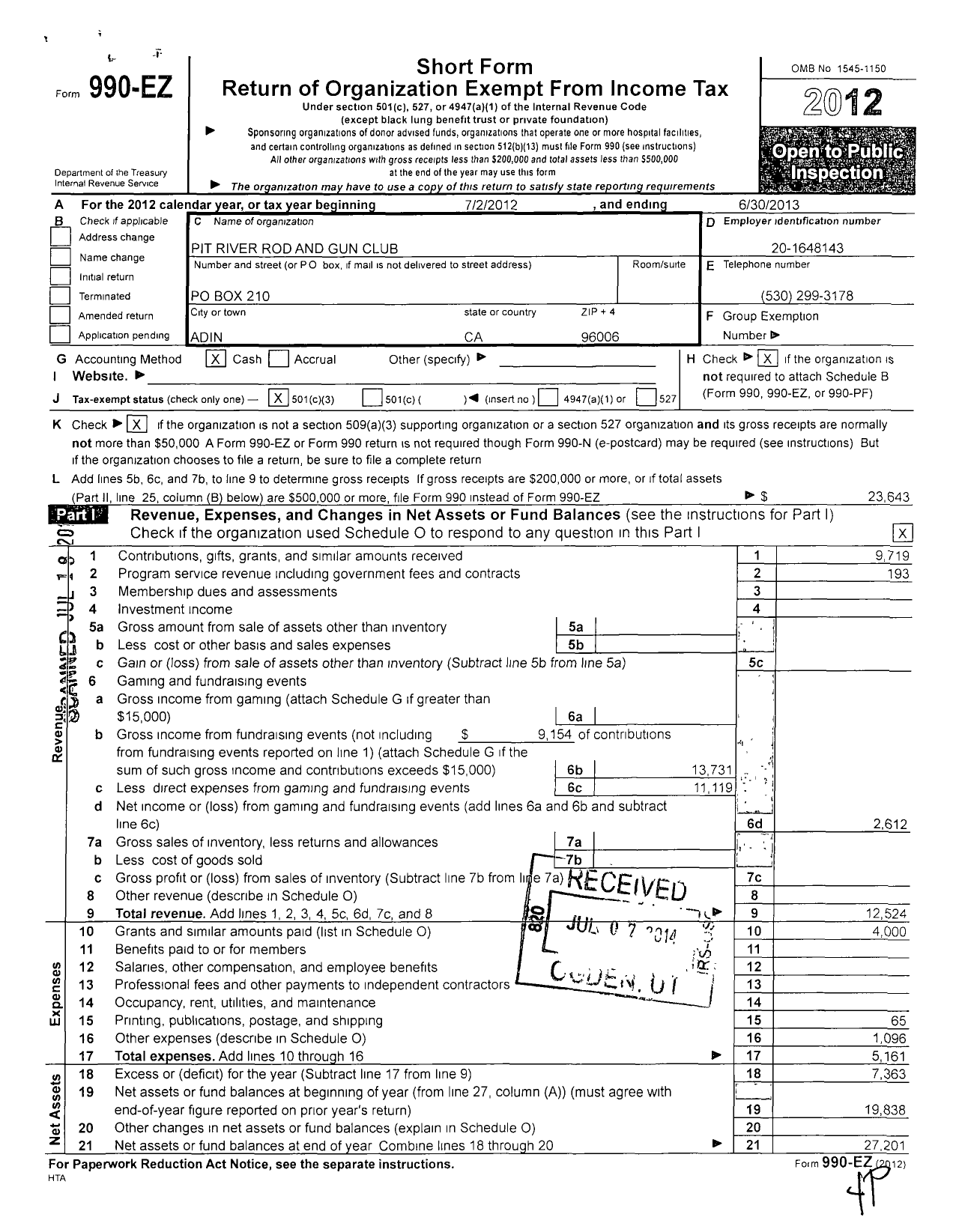 Image of first page of 2012 Form 990EZ for Pit River Rod and Gun Club