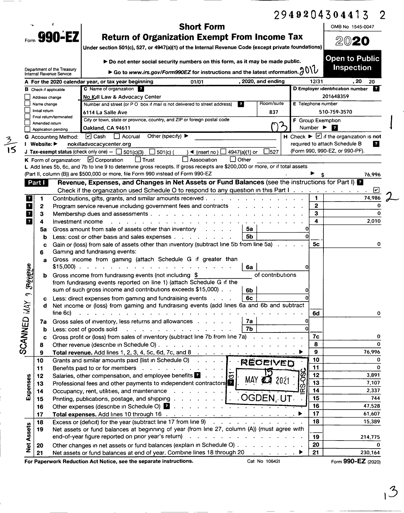 Image of first page of 2020 Form 990EZ for No Kill Law & Advocacy Center