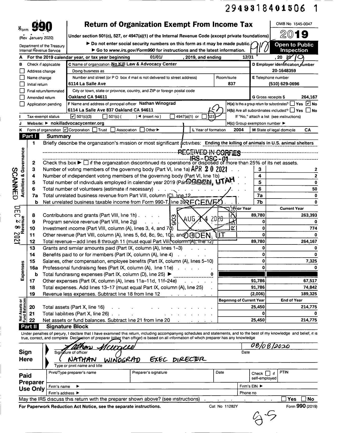 Image of first page of 2019 Form 990 for No Kill Law & Advocacy Center