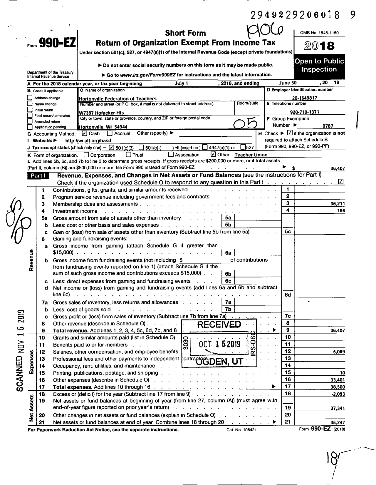 Image of first page of 2018 Form 990EO for American Federation of Teachers - 6259 Hortonville Fed of Teachers