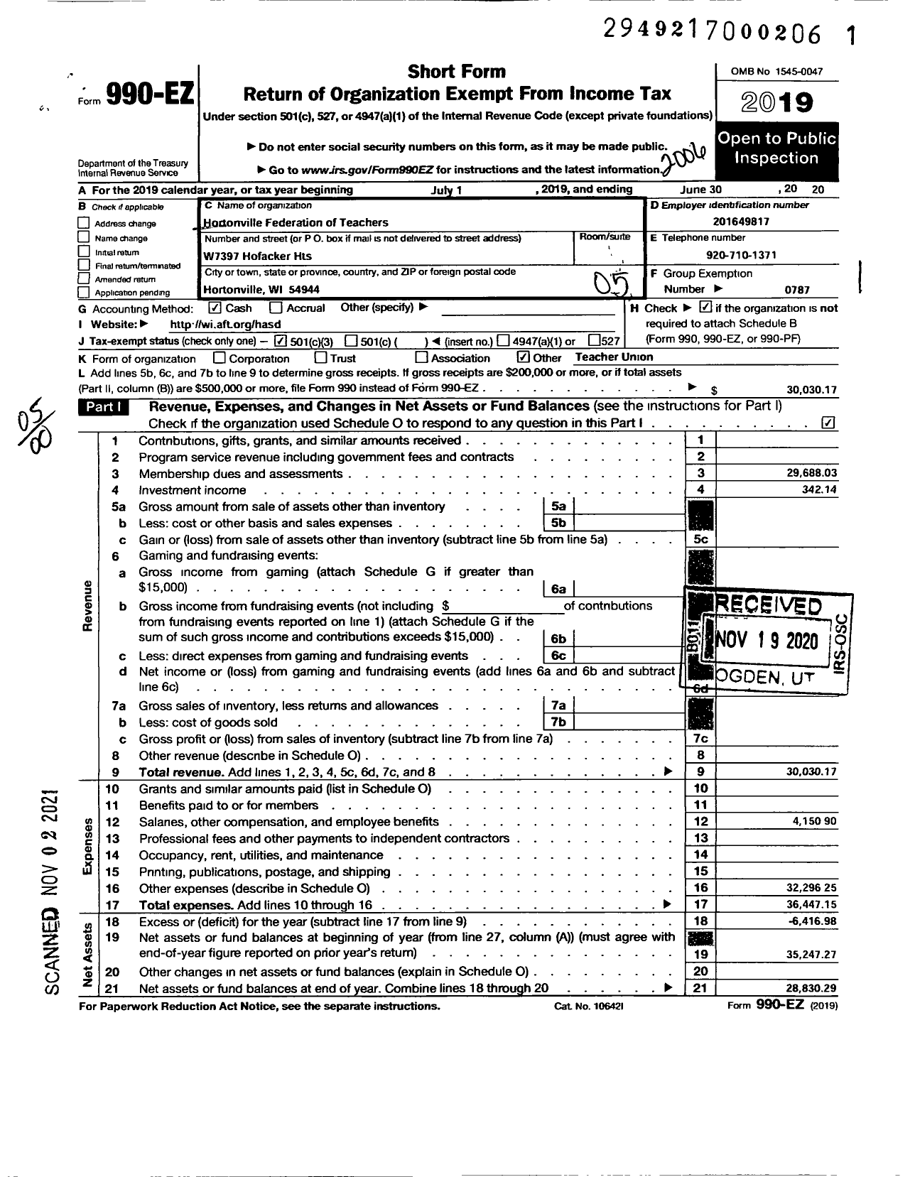 Image of first page of 2019 Form 990EO for American Federation of Teachers - 6259 Hortonville Fed of Teachers