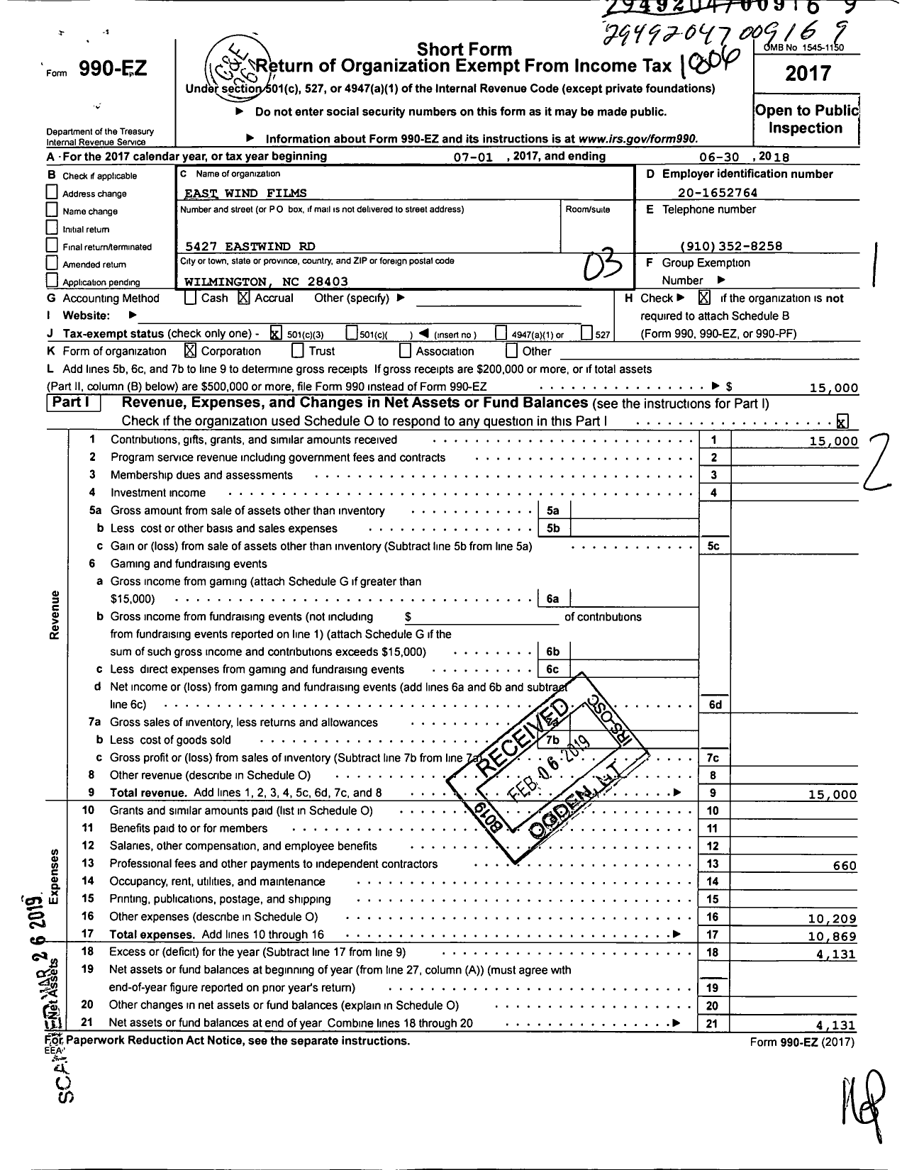 Image of first page of 2017 Form 990EZ for East Wind Films