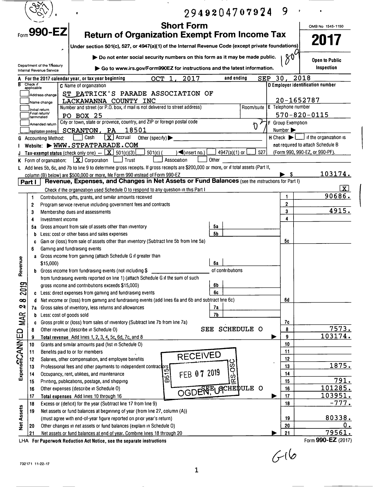 Image of first page of 2017 Form 990EZ for St Patrick's Parade Association of Lackawanna County