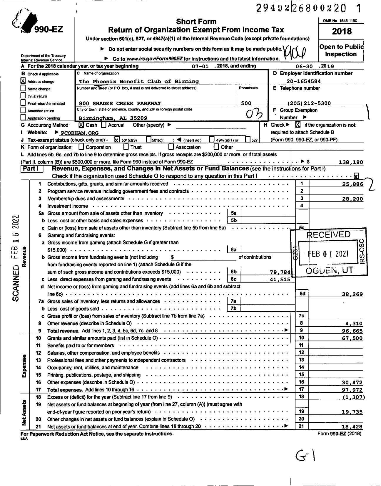 Image of first page of 2018 Form 990EZ for The Phoenix Benefit Club of Birming