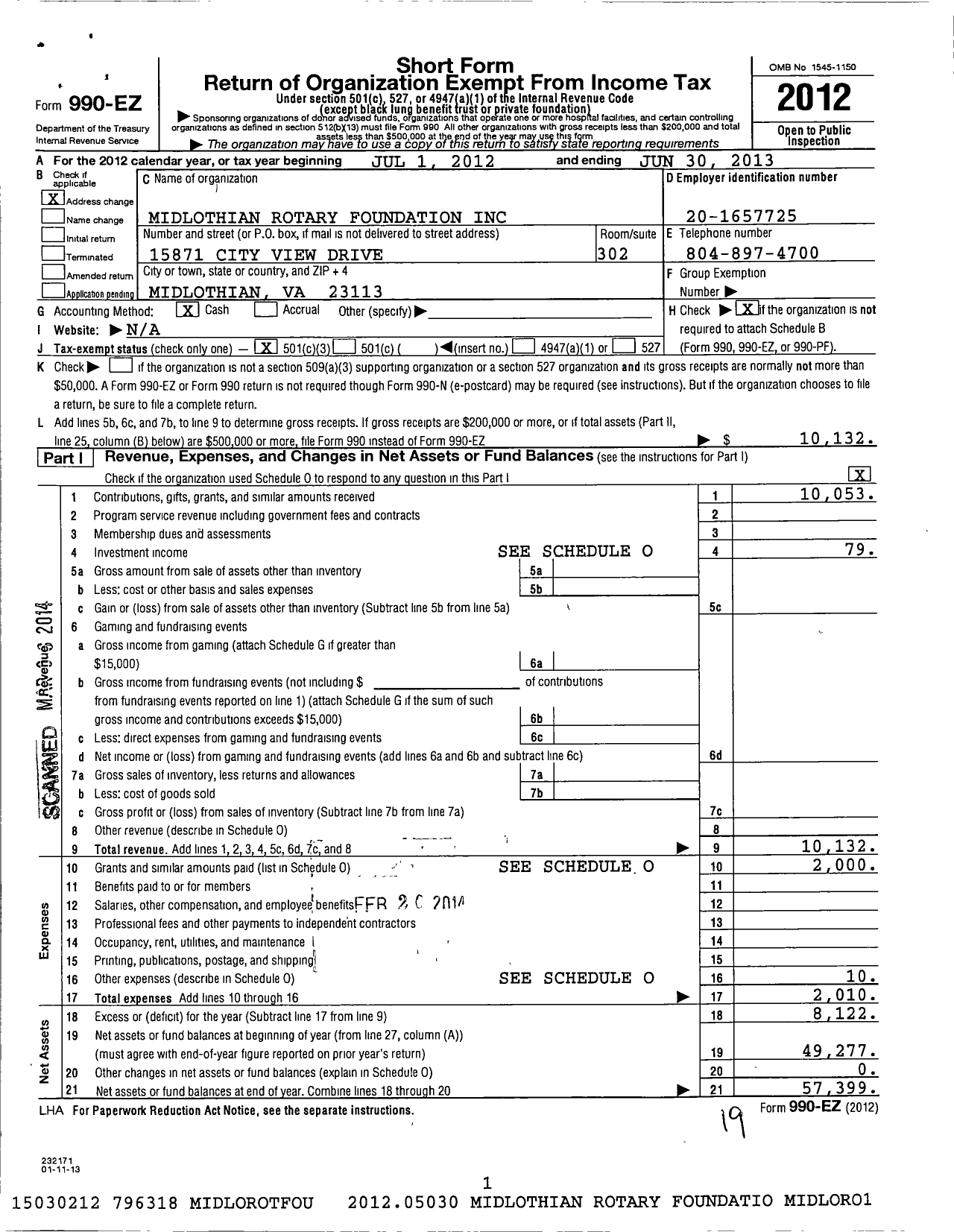 Image of first page of 2012 Form 990EZ for Midlothian Rotary Foundation