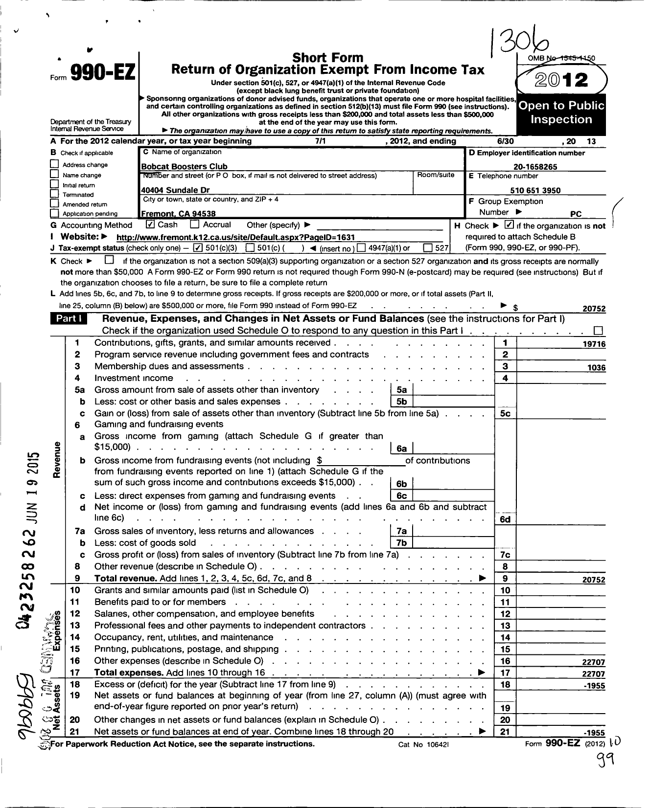 Image of first page of 2012 Form 990EZ for Bobcat Boosters Club