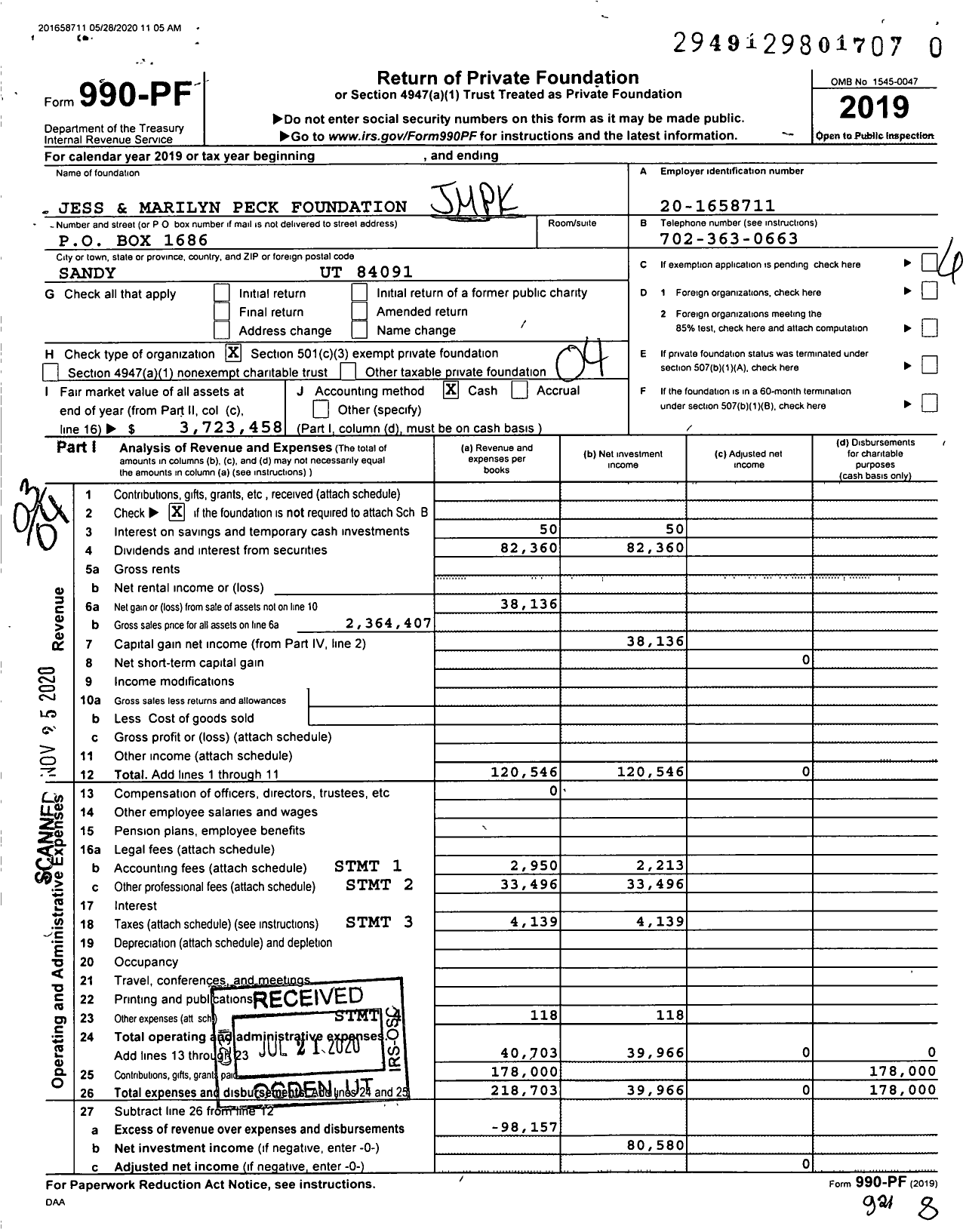 Image of first page of 2019 Form 990PF for Jess and Marilyn Peck Foundation