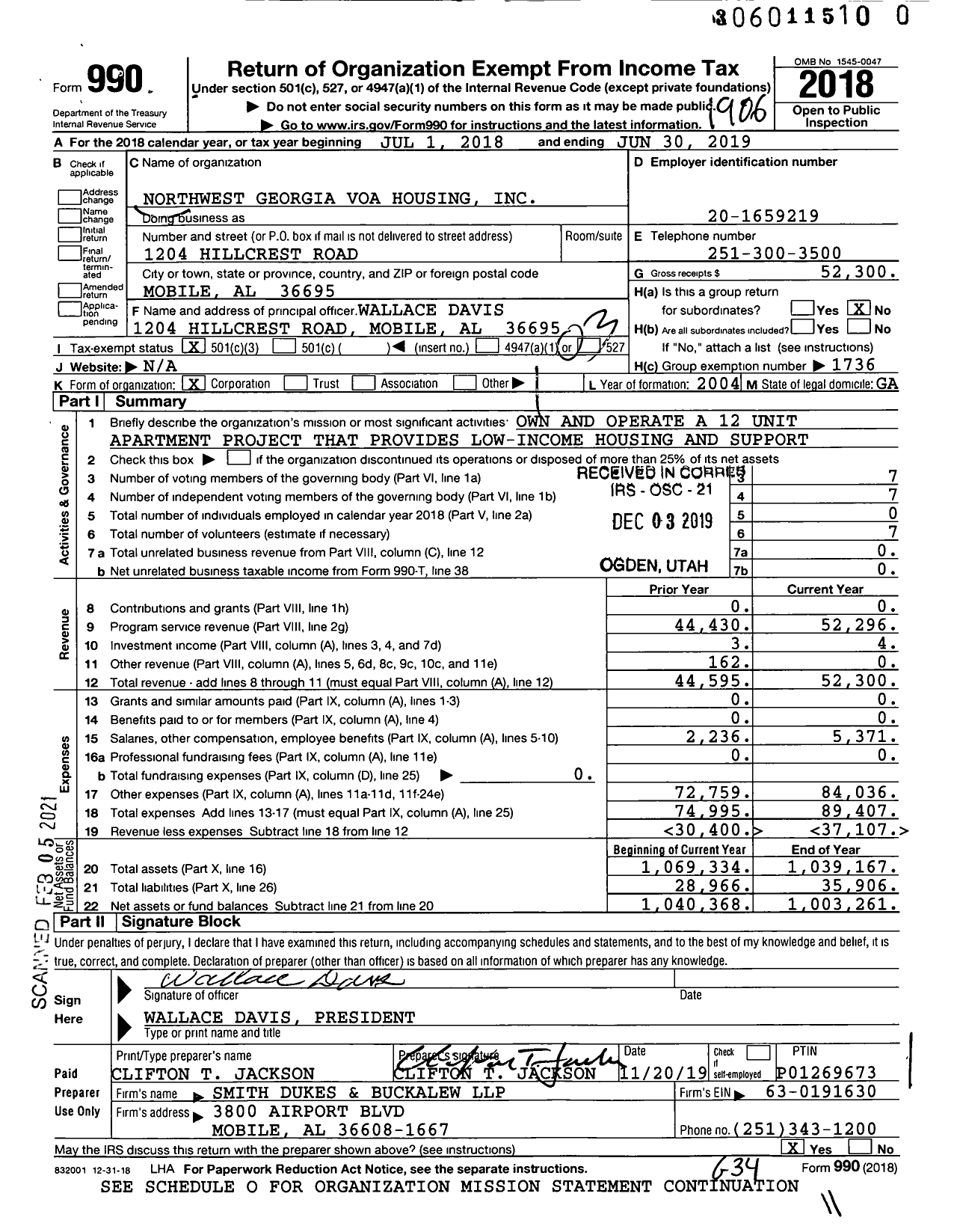 Image of first page of 2018 Form 990 for Volunteers of America - Northwest Georgia VOA Housing