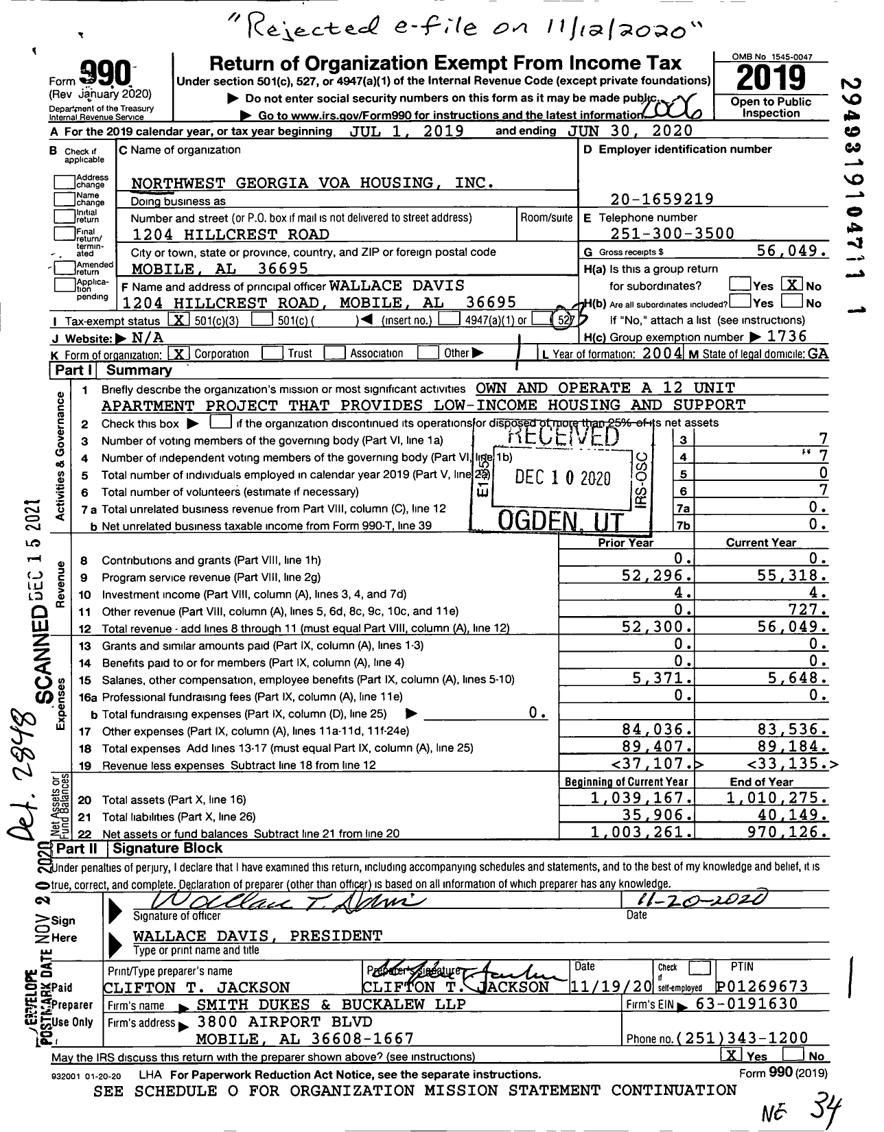 Image of first page of 2019 Form 990 for Volunteers of America - Northwest Georgia VOA Housing