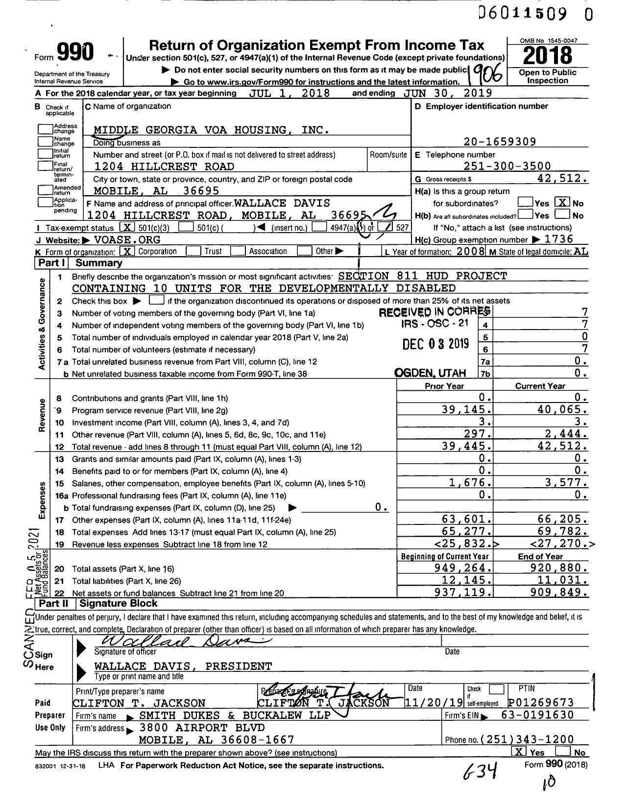 Image of first page of 2018 Form 990 for Volunteers of America - Middle Georgia VOA Housing