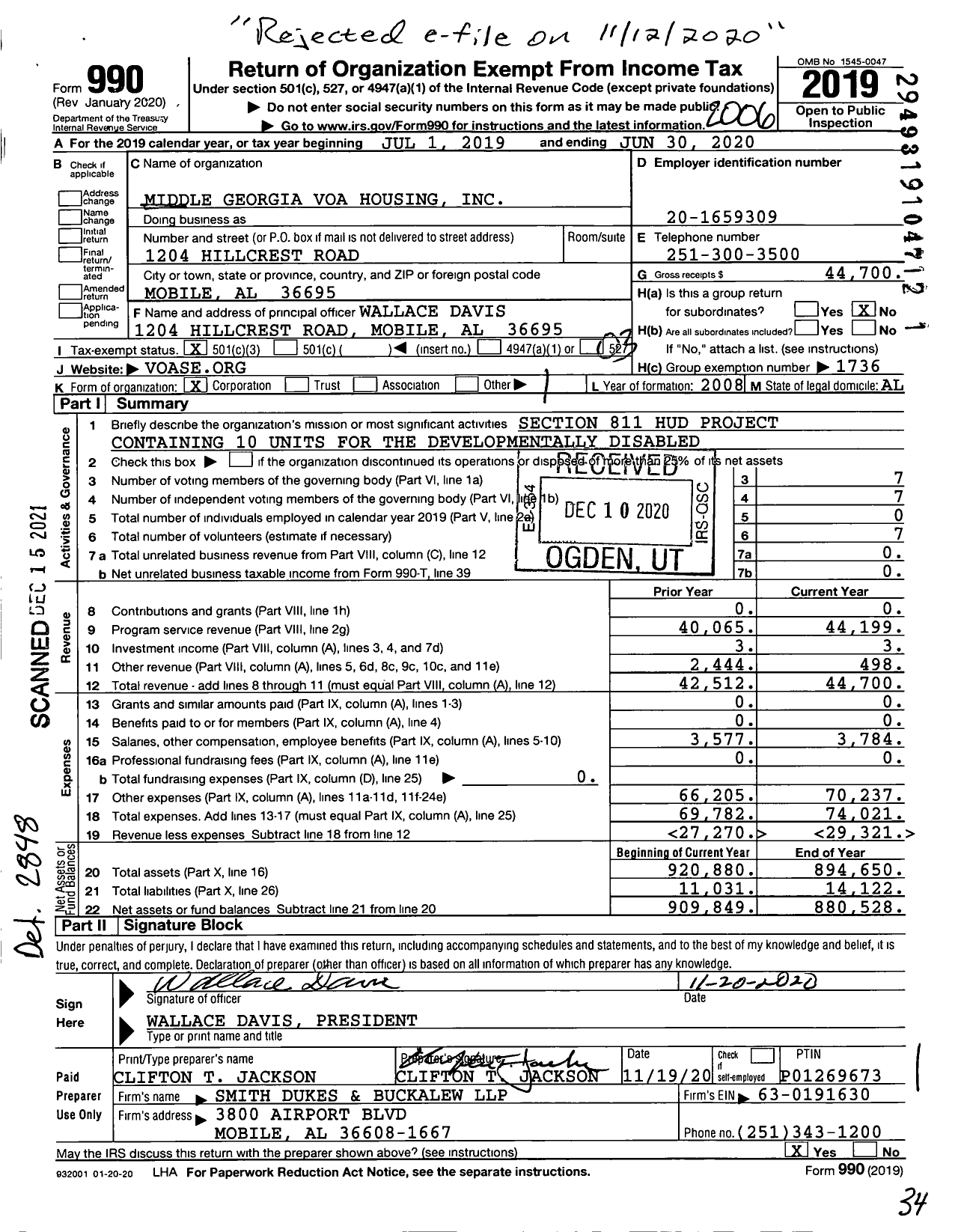 Image of first page of 2019 Form 990 for Volunteers of America - Middle Georgia VOA Housing