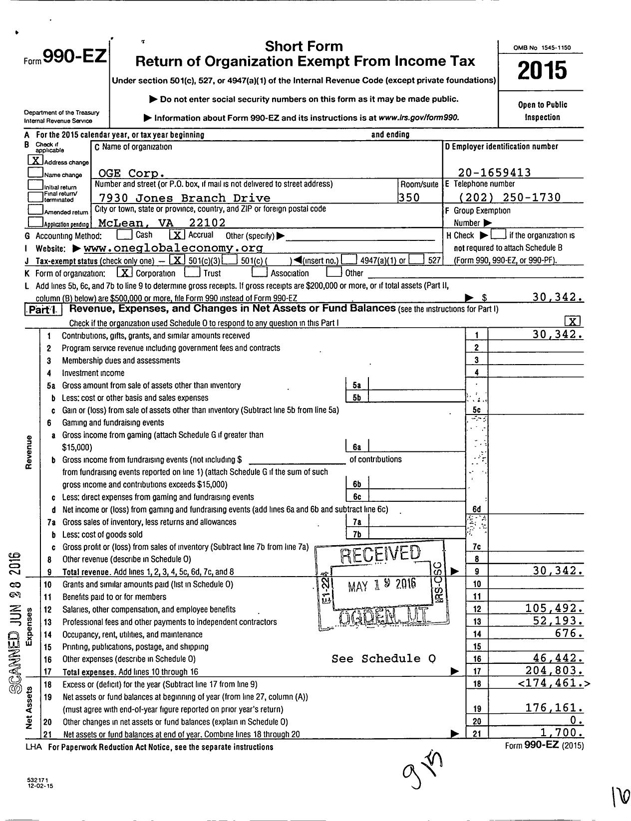 Image of first page of 2015 Form 990EZ for One Global Economy (OGE)