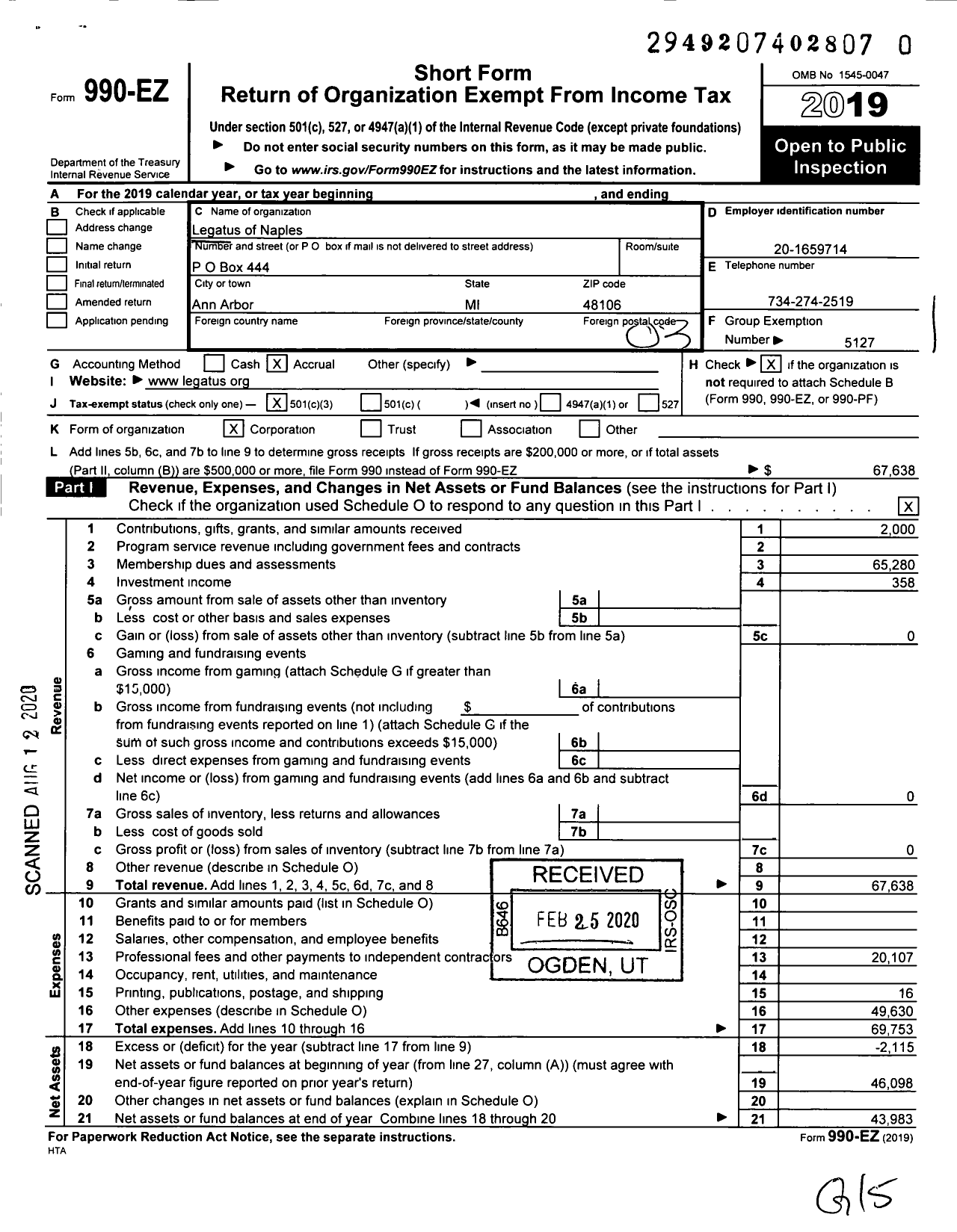 Image of first page of 2019 Form 990EZ for Legatus of Naples