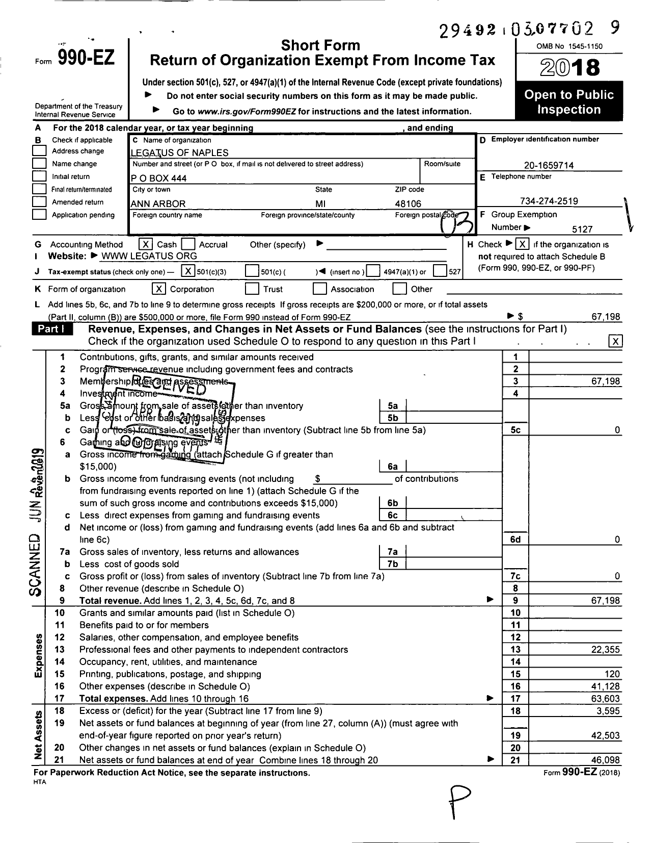 Image of first page of 2018 Form 990EZ for Legatus of Naples