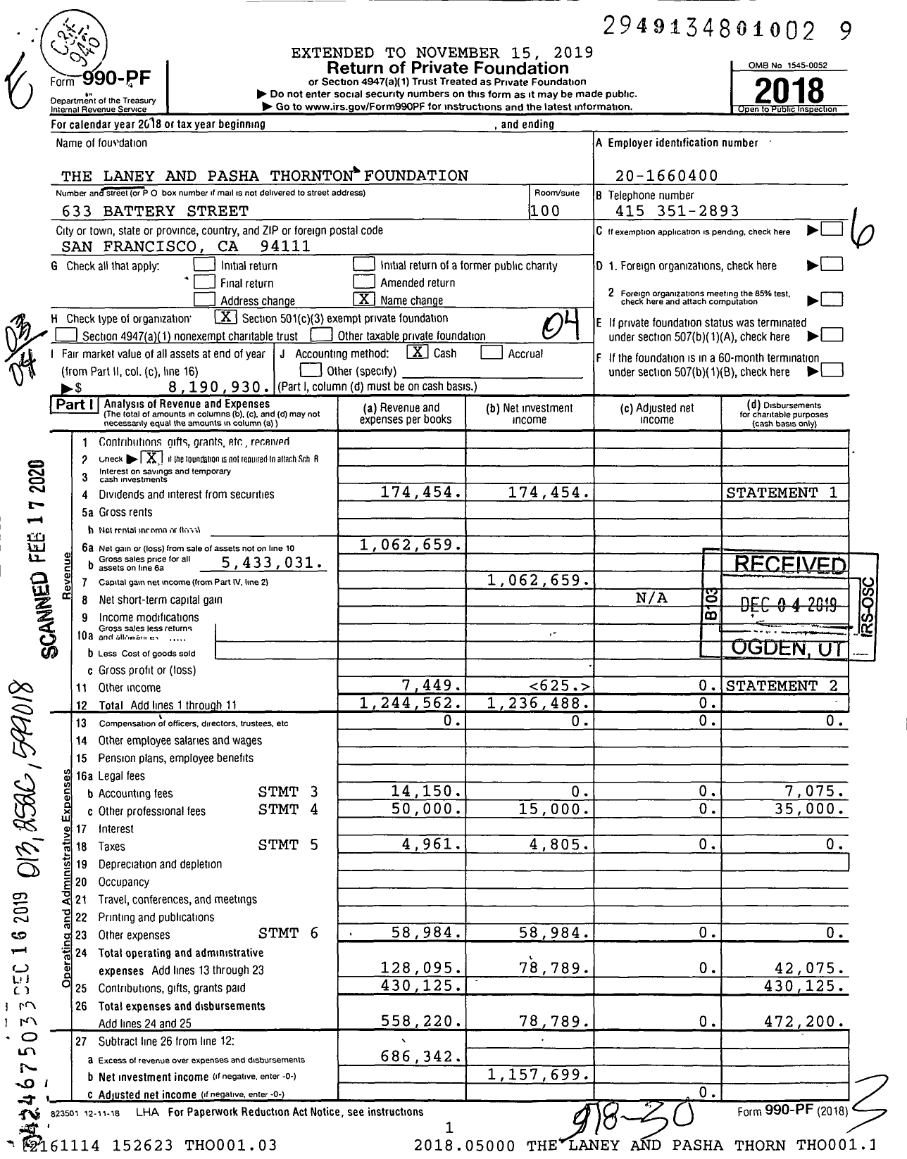 Image of first page of 2018 Form 990PF for The Laney and Pasha Thornton Foundation