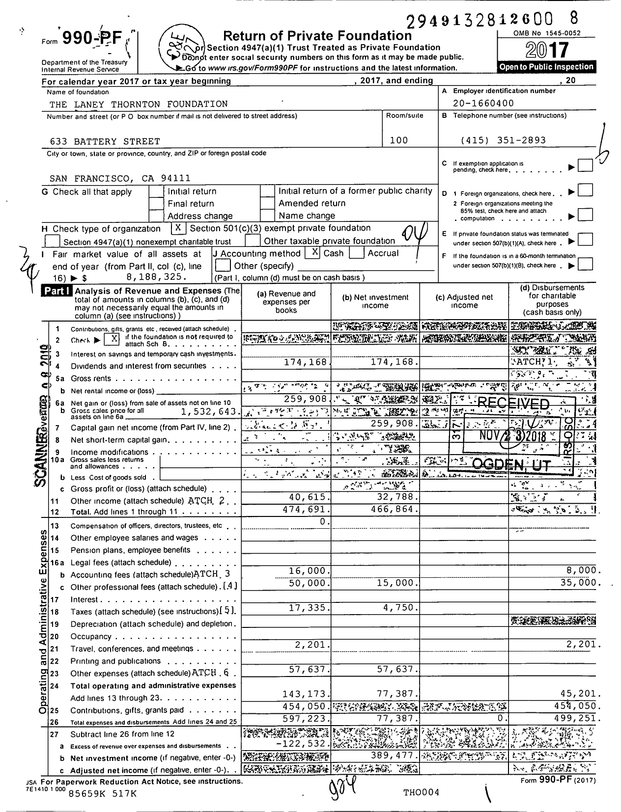 Image of first page of 2017 Form 990PF for The Laney and Pasha Thornton Foundation