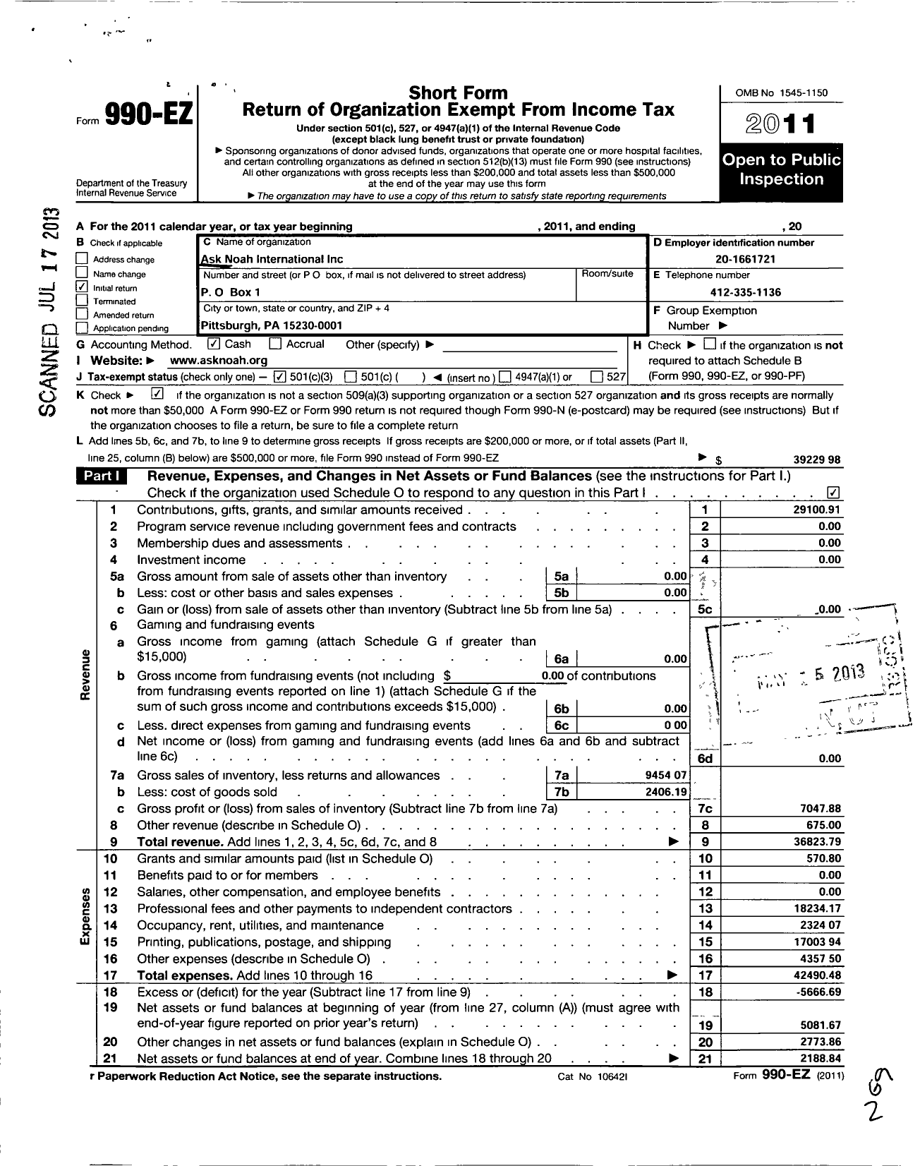 Image of first page of 2011 Form 990EZ for Ask Noah International
