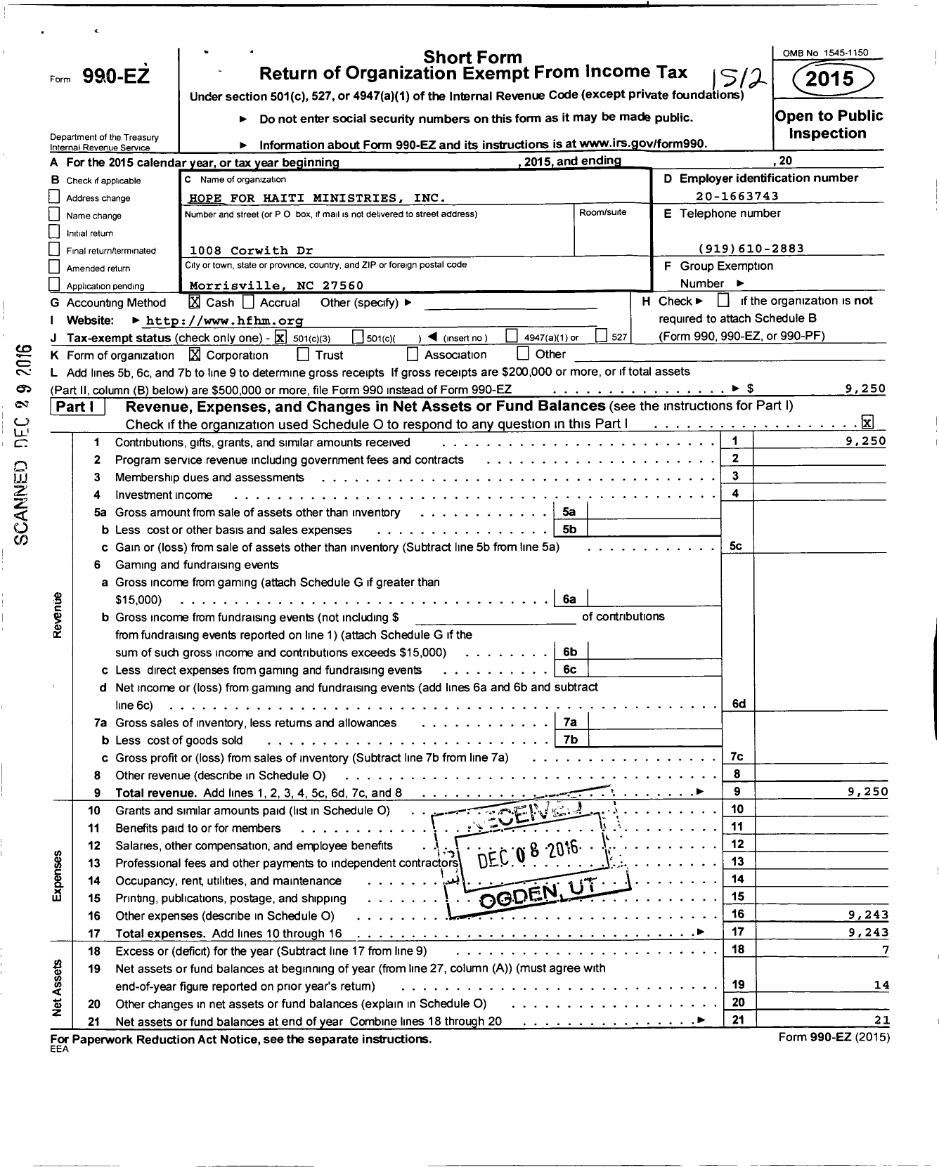 Image of first page of 2015 Form 990EZ for Hope for Haiti Ministries HFHM