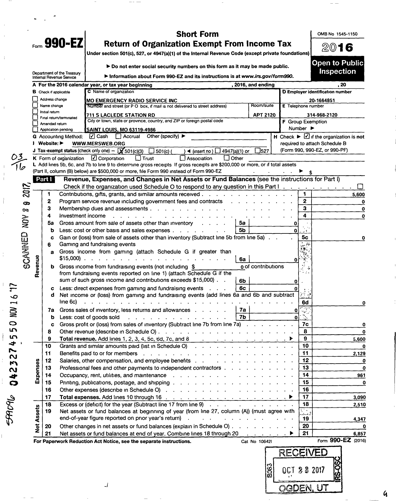 Image of first page of 2016 Form 990EZ for Mo Emergency Radio Services