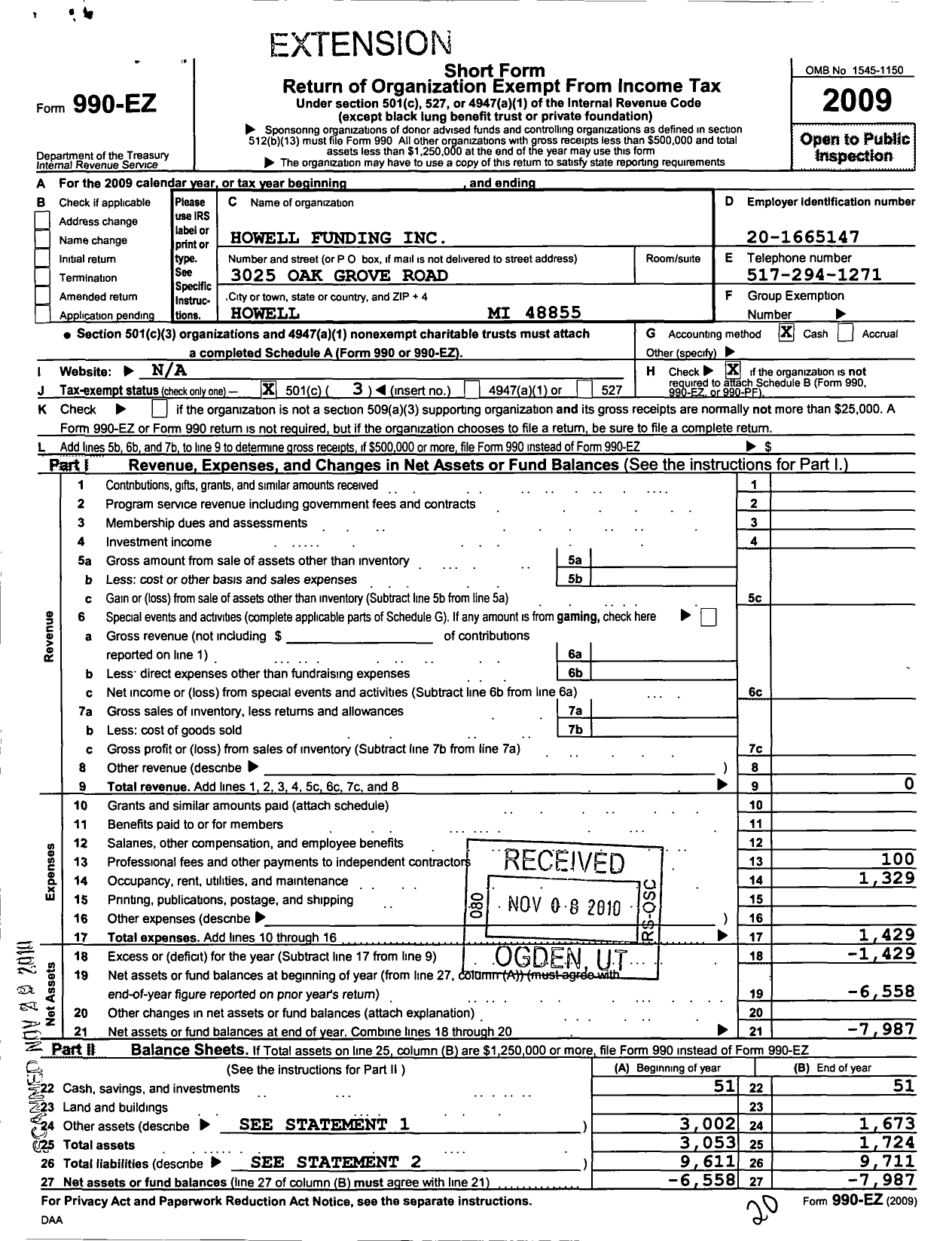 Image of first page of 2009 Form 990EZ for Howell Funding