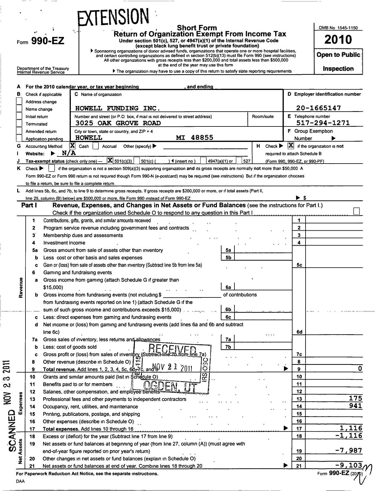 Image of first page of 2010 Form 990EZ for Howell Funding