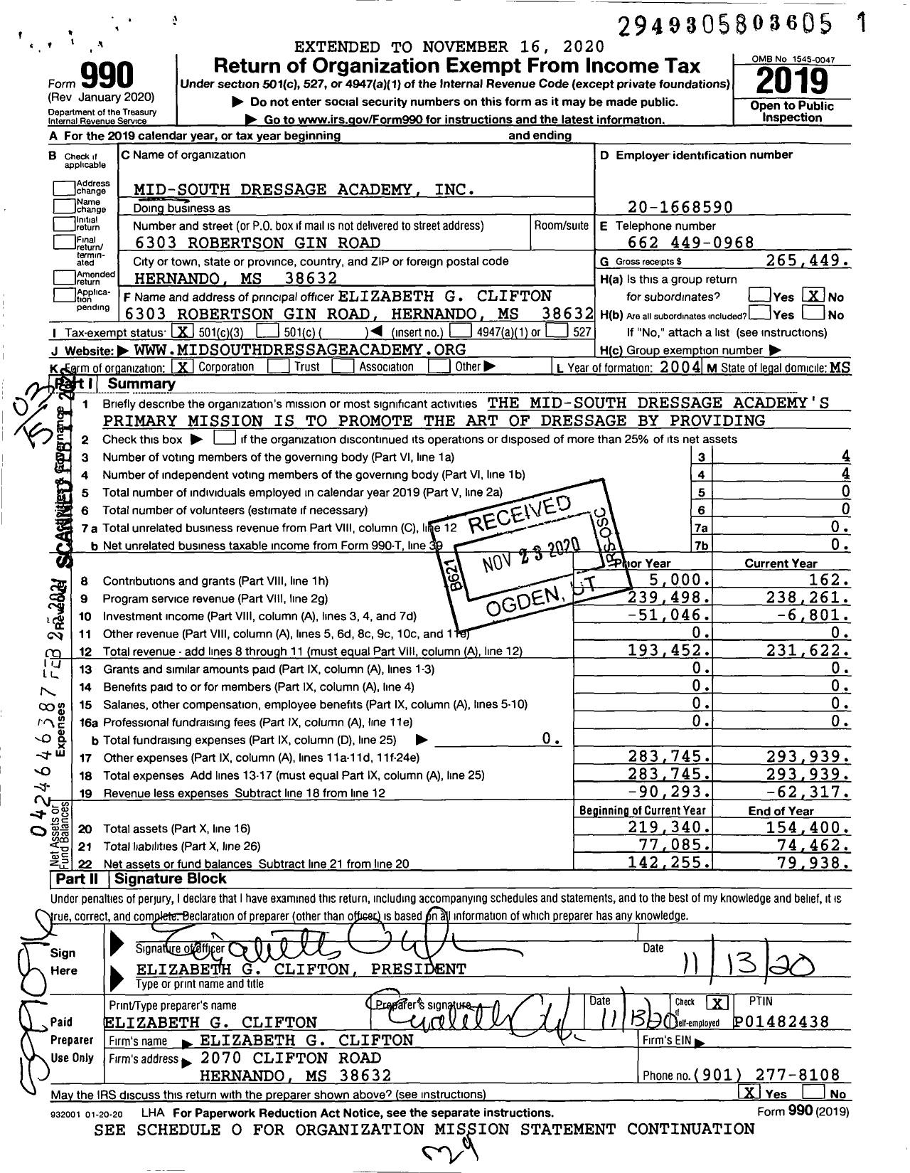 Image of first page of 2019 Form 990 for Mid-South Dressage Academy