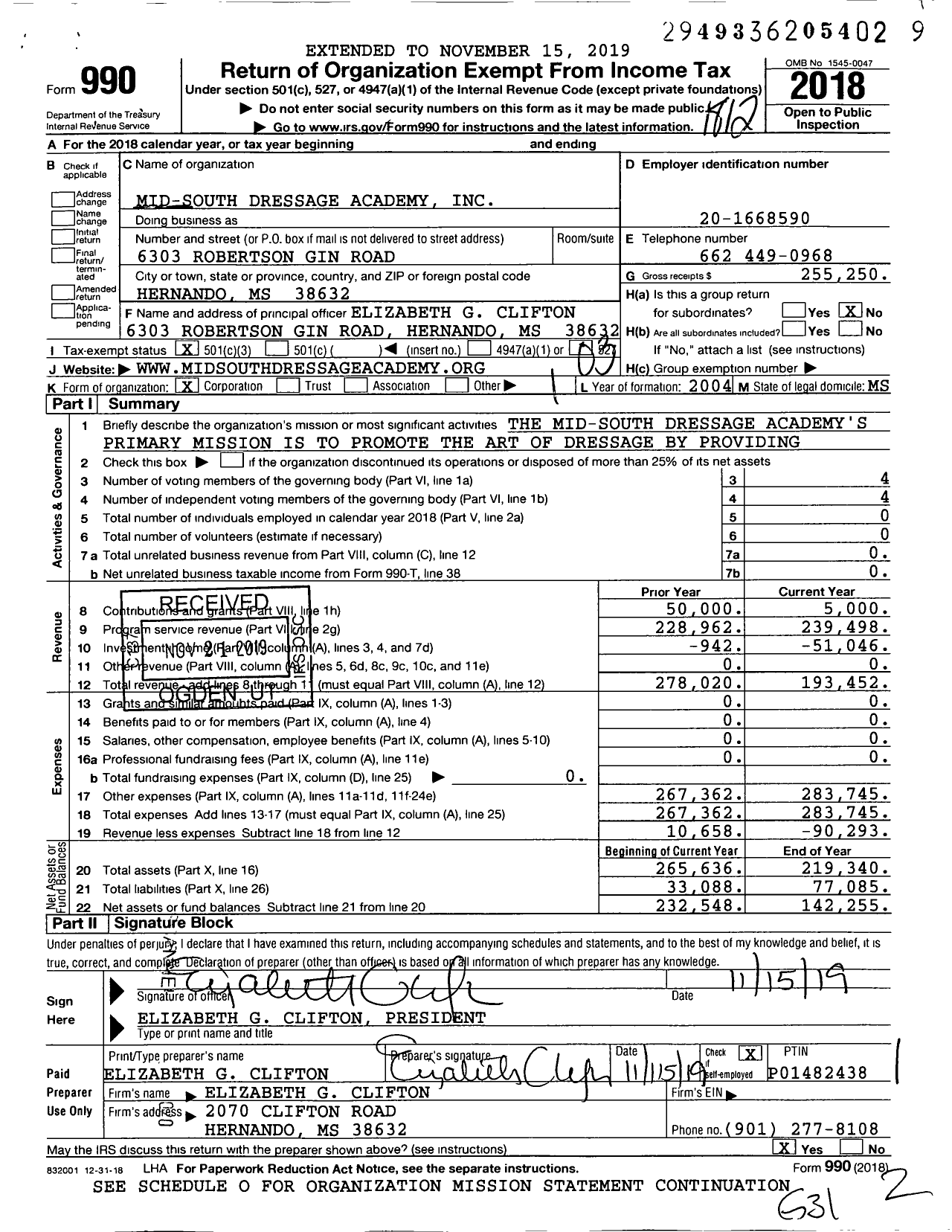 Image of first page of 2018 Form 990 for Mid-South Dressage Academy