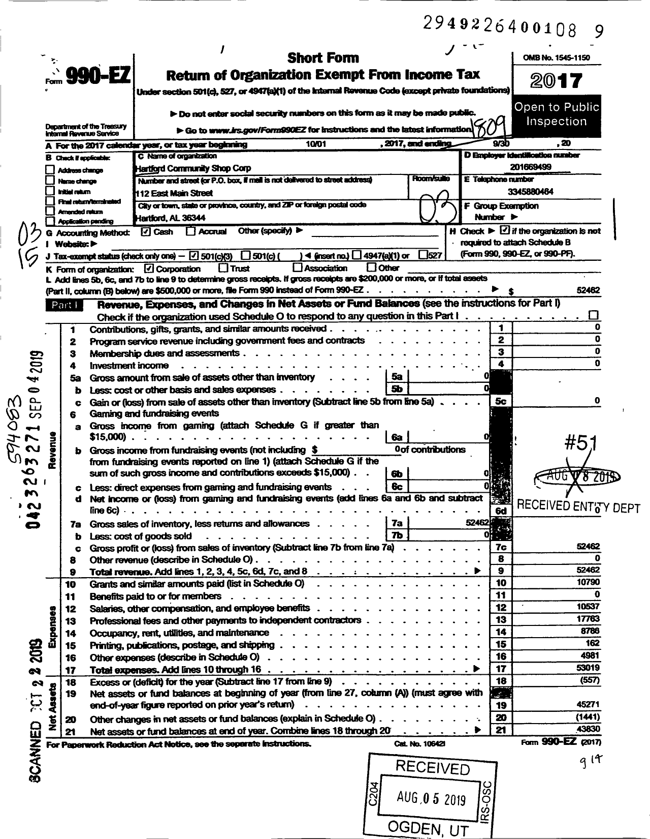 Image of first page of 2017 Form 990EZ for Hartford Community Shop Corporation