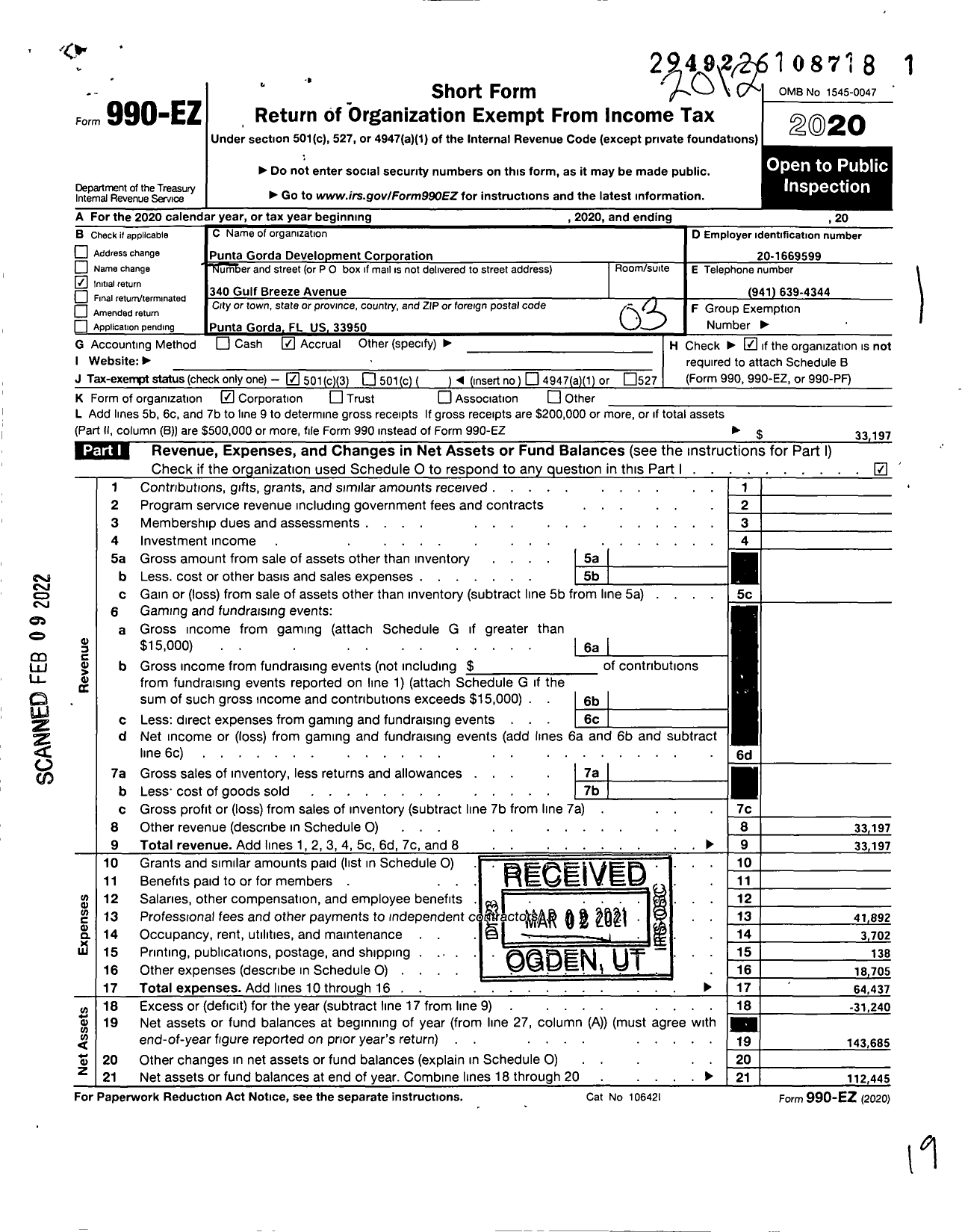 Image of first page of 2020 Form 990EZ for Punta Gorda Development Corporation