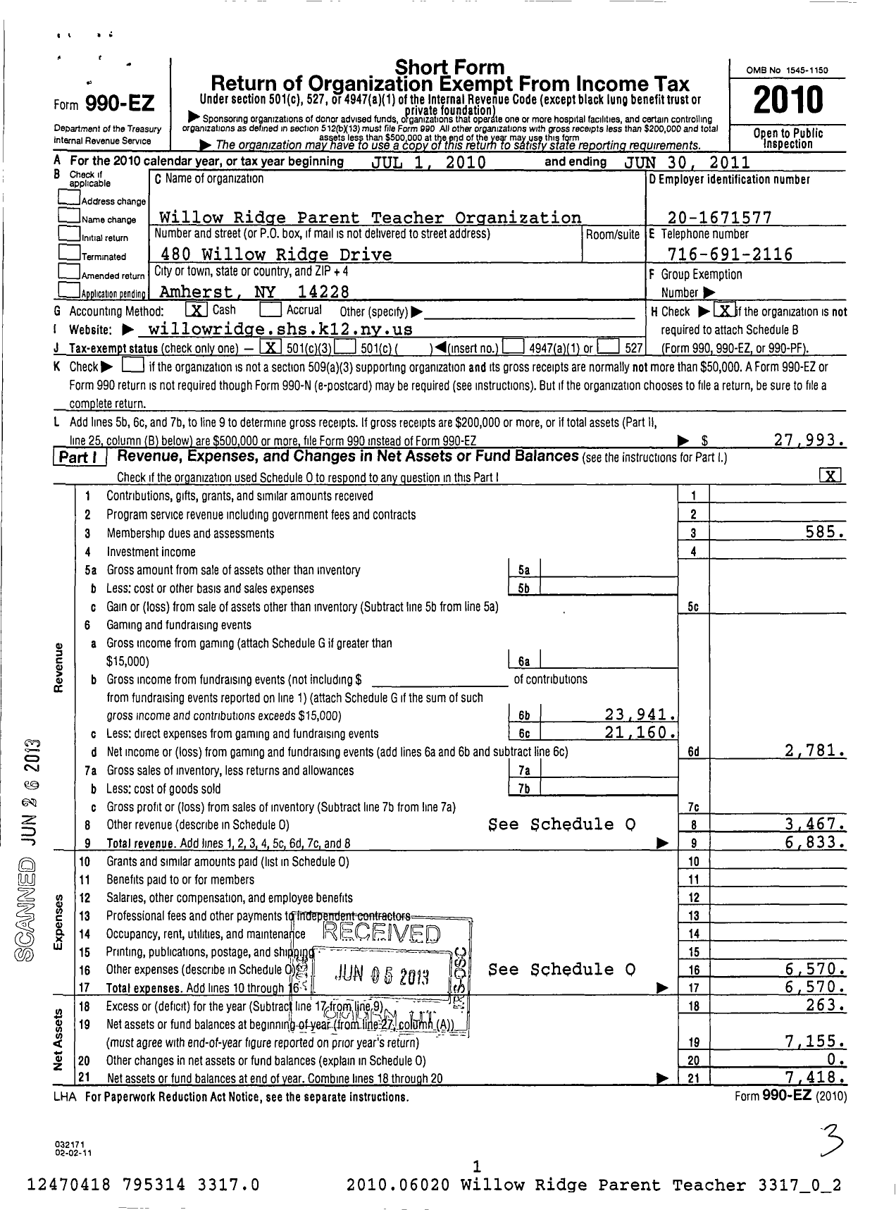 Image of first page of 2010 Form 990EZ for Willow Ridge Parent Teacher Organization