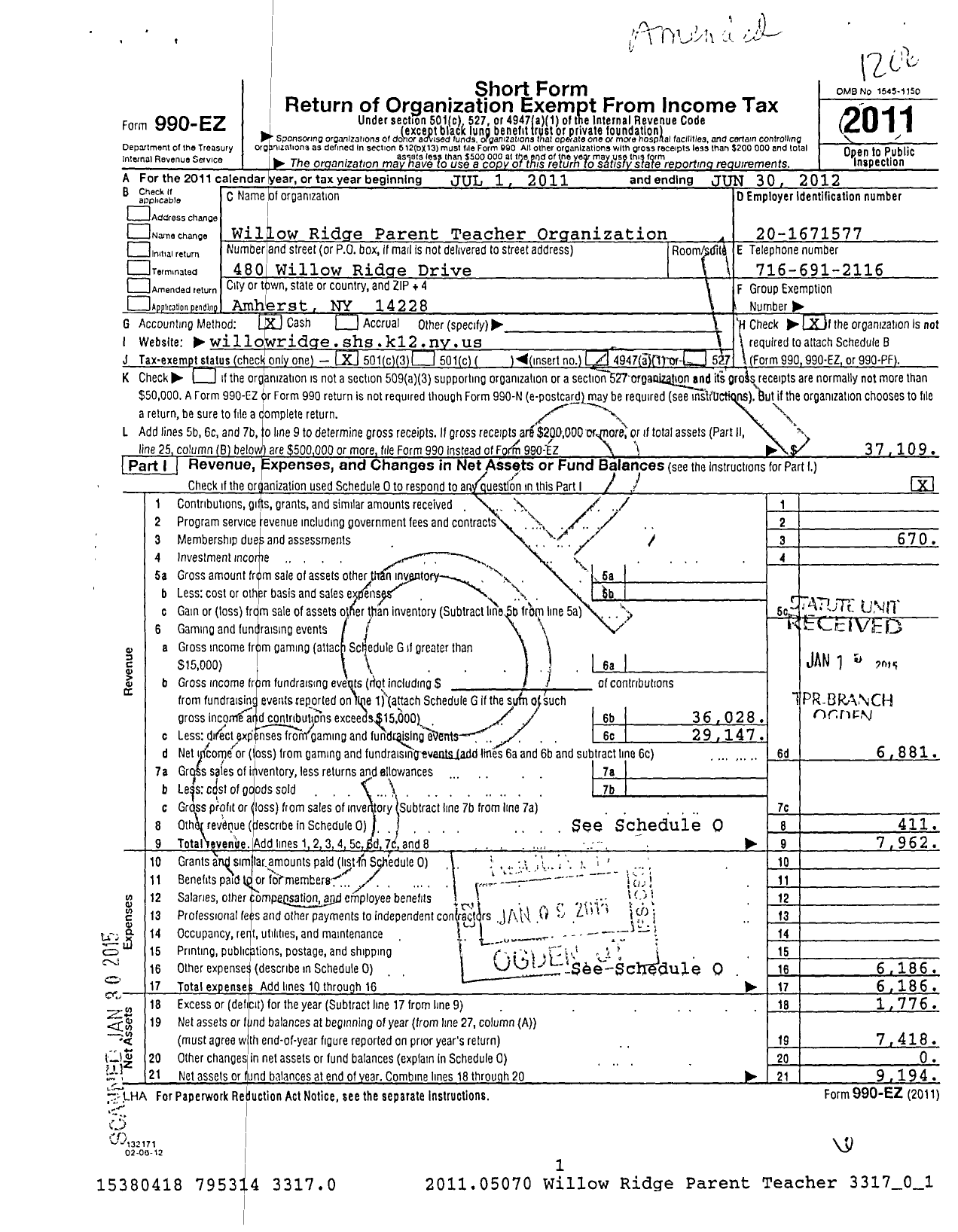 Image of first page of 2011 Form 990EZ for Willow Ridge Parent Teacher Organization