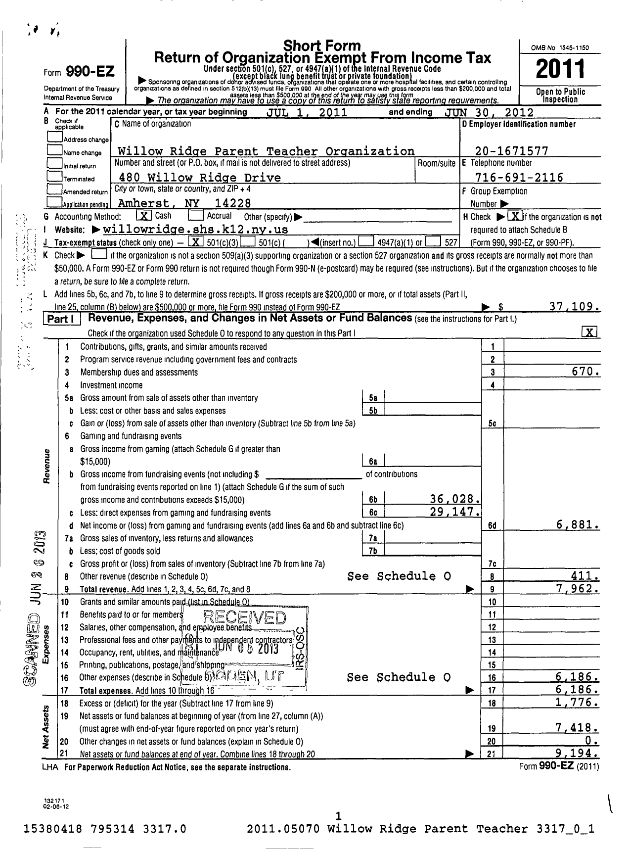 Image of first page of 2011 Form 990EZ for Willow Ridge Parent Teacher Organization