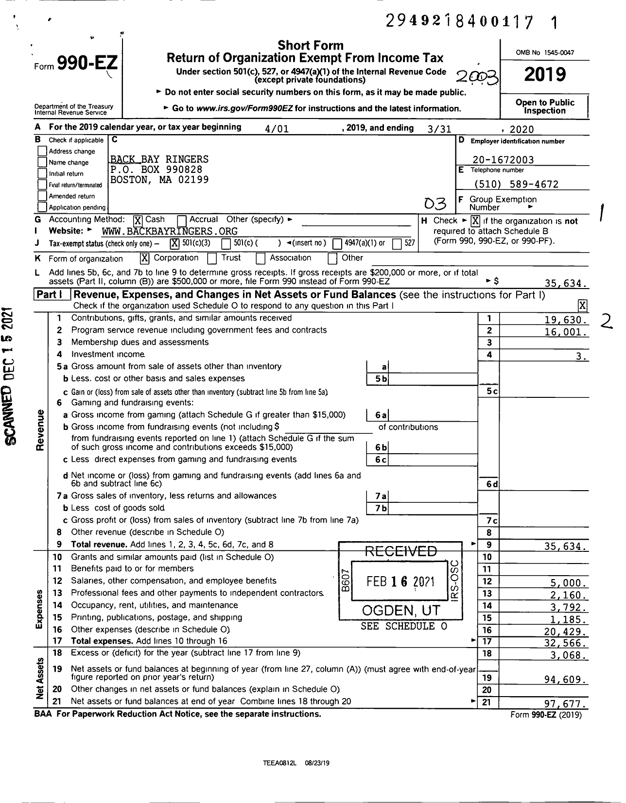 Image of first page of 2019 Form 990EZ for Back Bay Ringers