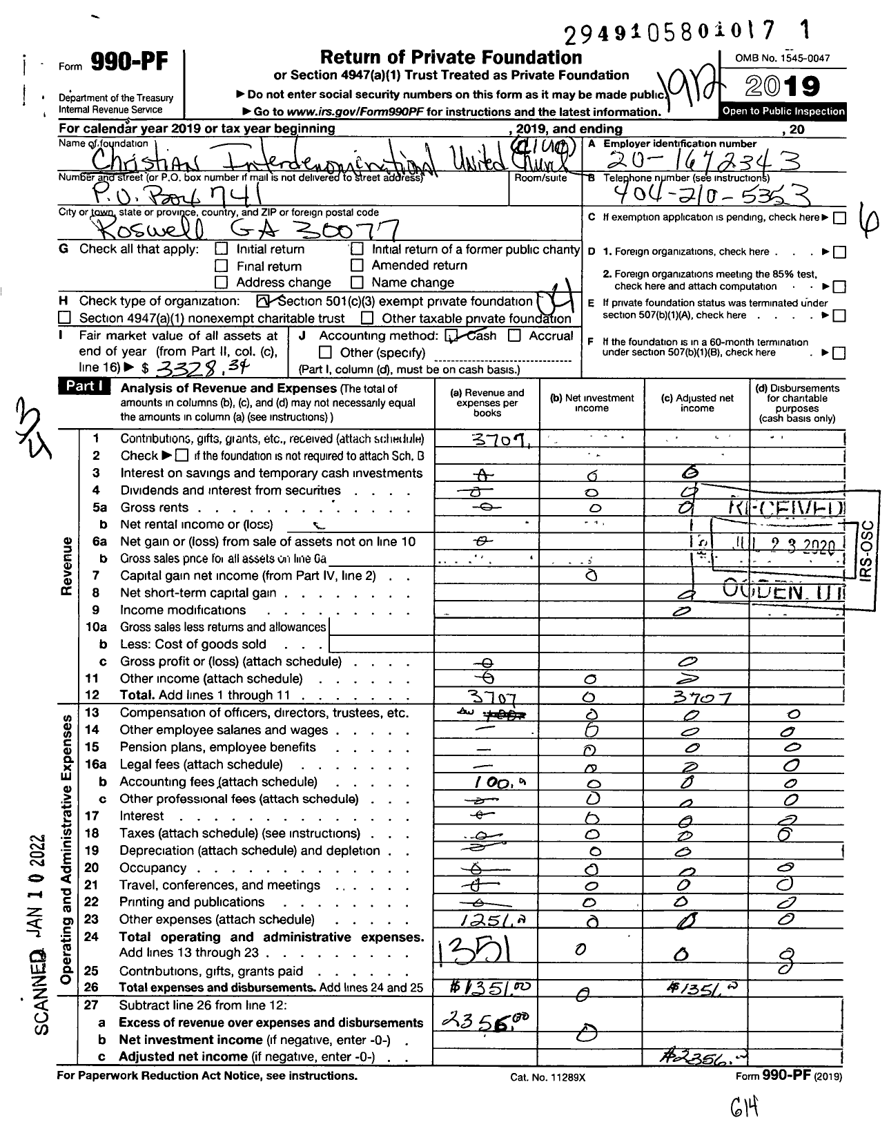 Image of first page of 2019 Form 990PF for Christian Interdenominational United Church (CIUC)