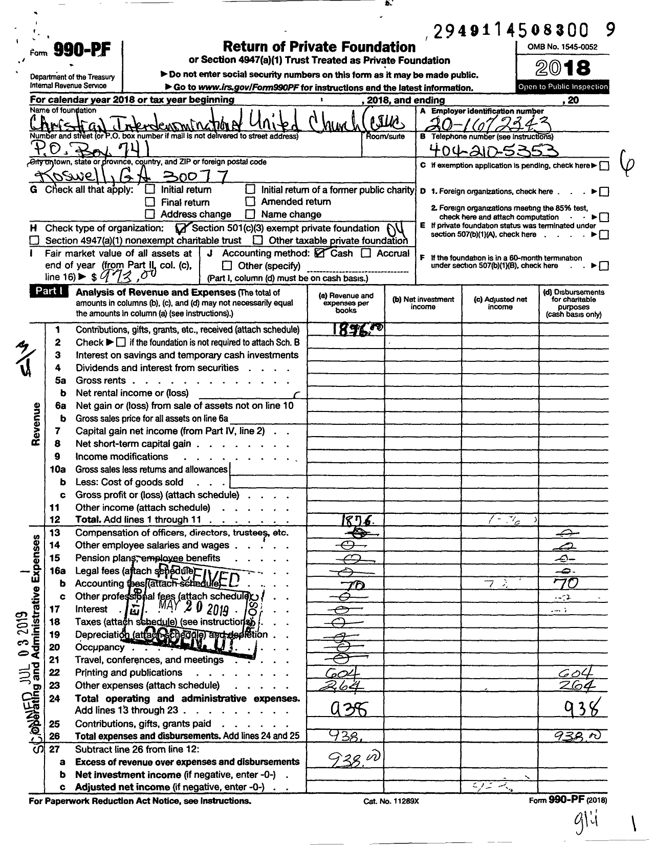 Image of first page of 2018 Form 990PF for Christian Interdenominational United Church (CIUC)